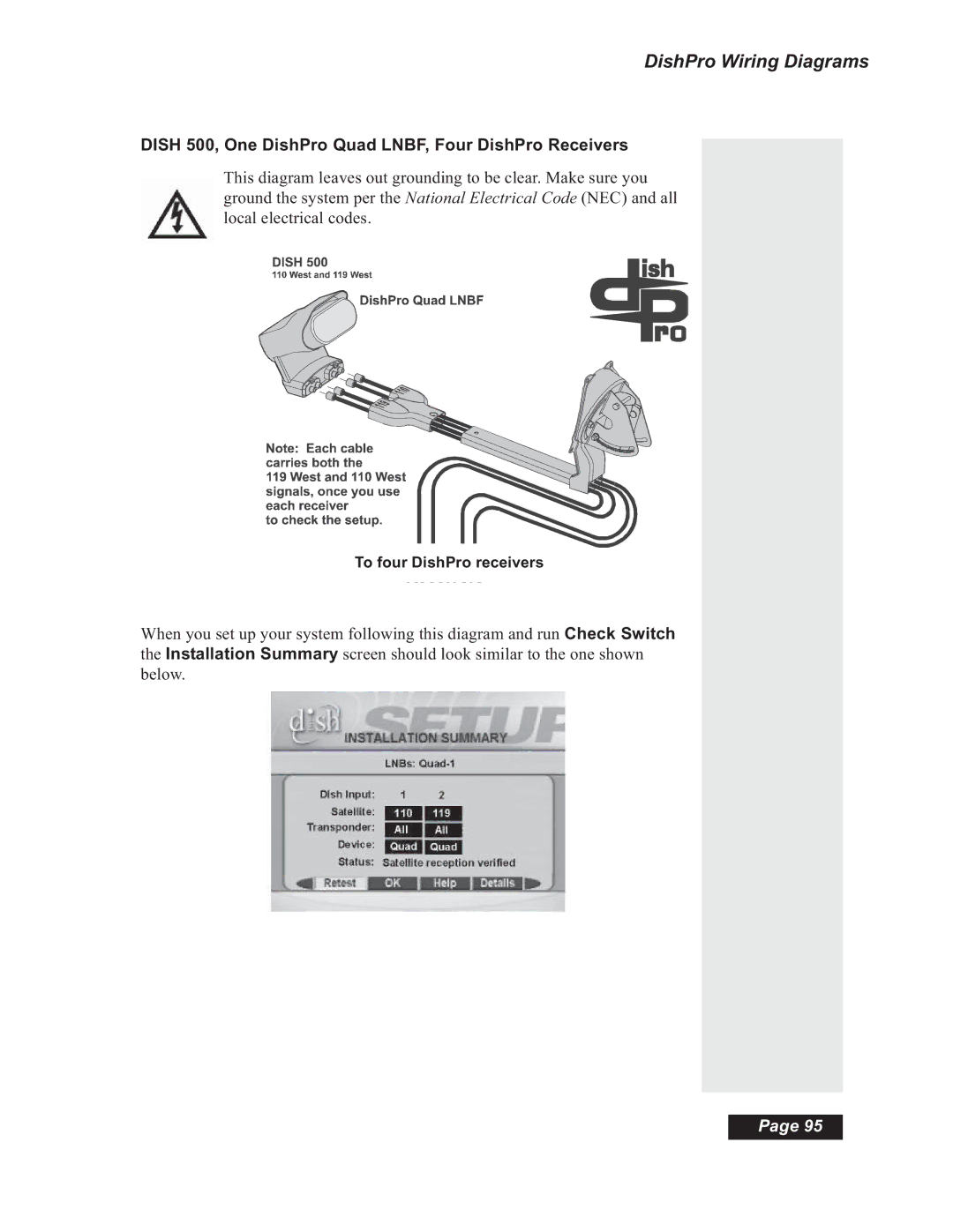 Dish Network 112182, Solo 508, Solo 501 DishPro Wiring Diagrams, Dish 500, One DishPro Quad LNBF, Four DishPro Receivers 