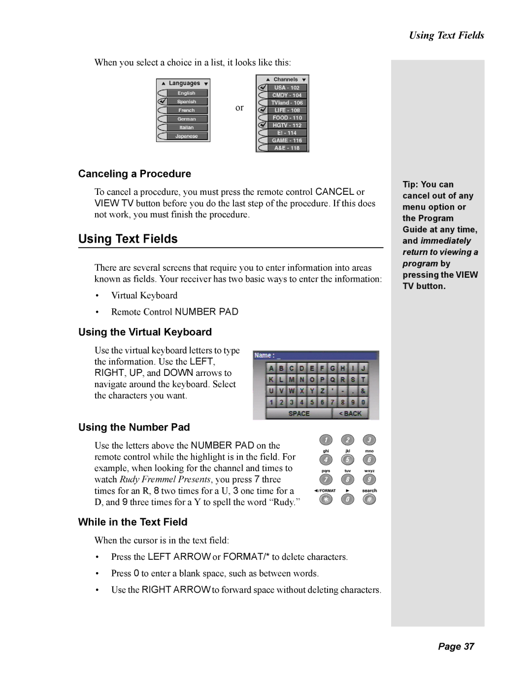 Dish Network 138410, Solo 811 Using Text Fields, Canceling a Procedure, Using the Virtual Keyboard, Using the Number Pad 