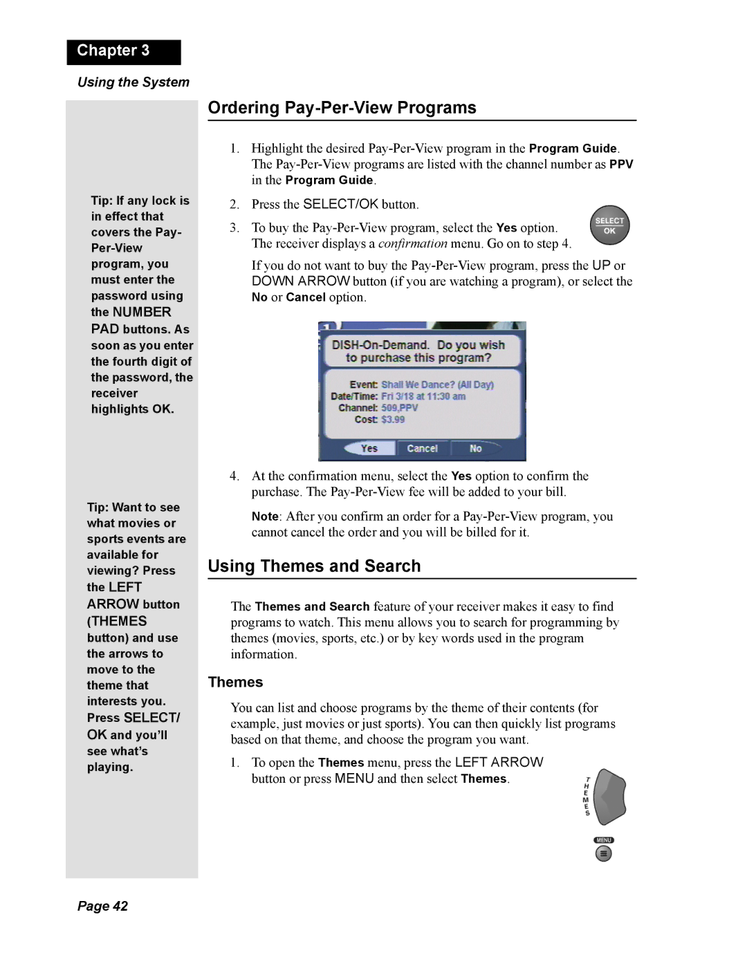 Dish Network Solo 811, 138410 quick start Ordering Pay-Per-View Programs, Using Themes and Search 