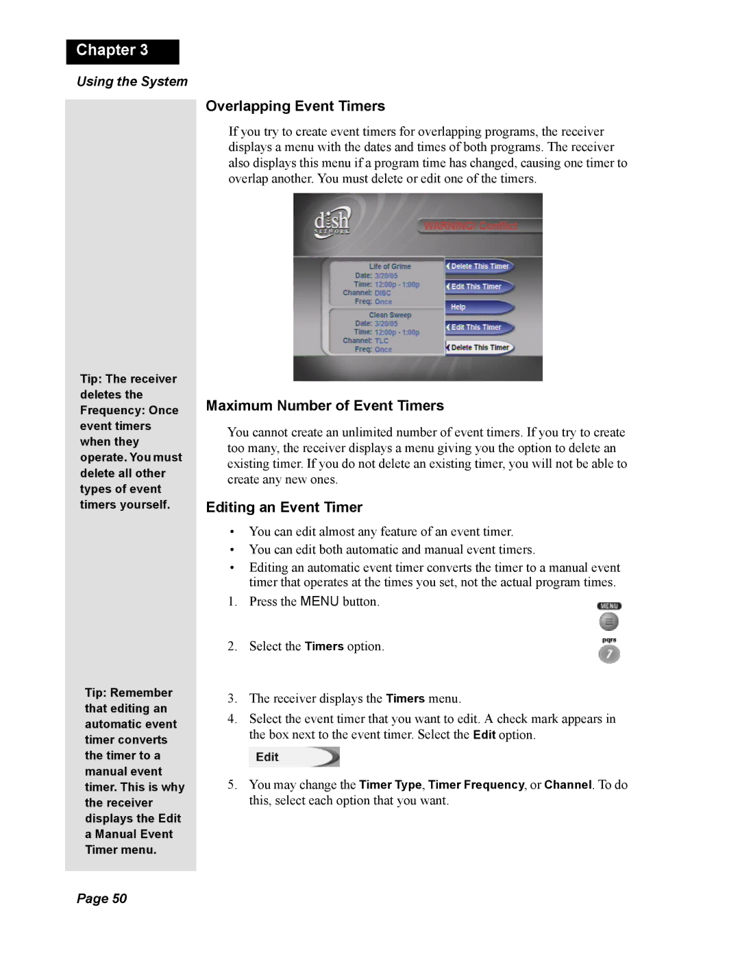 Dish Network Solo 811, 138410 quick start Overlapping Event Timers, Maximum Number of Event Timers, Editing an Event Timer 