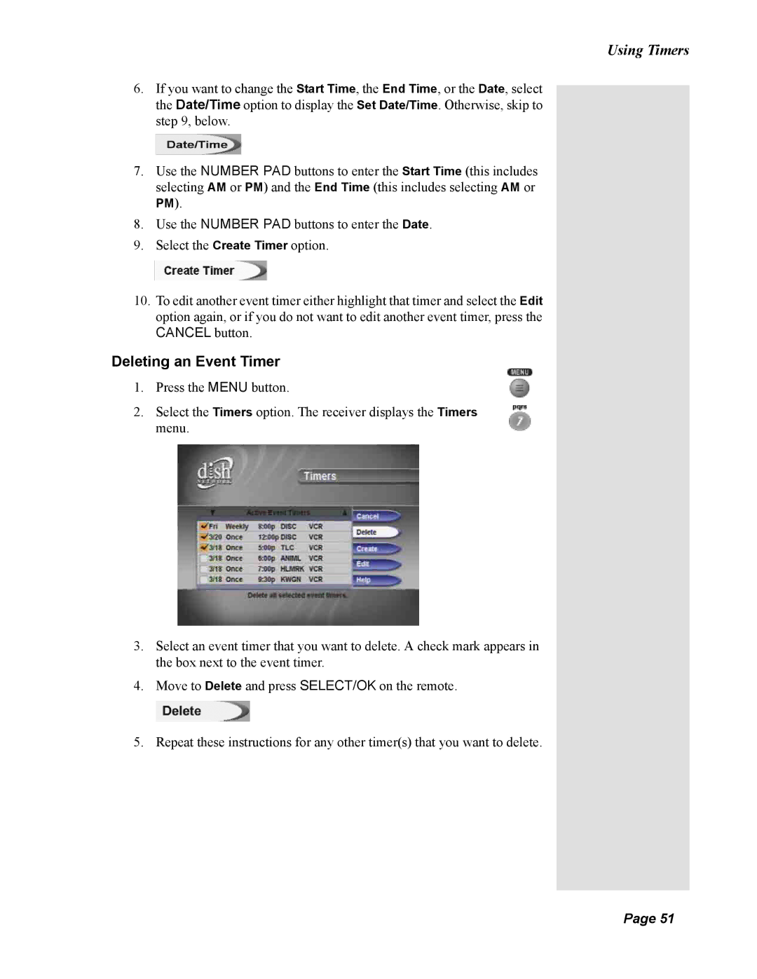 Dish Network 138410, Solo 811 quick start Deleting an Event Timer 