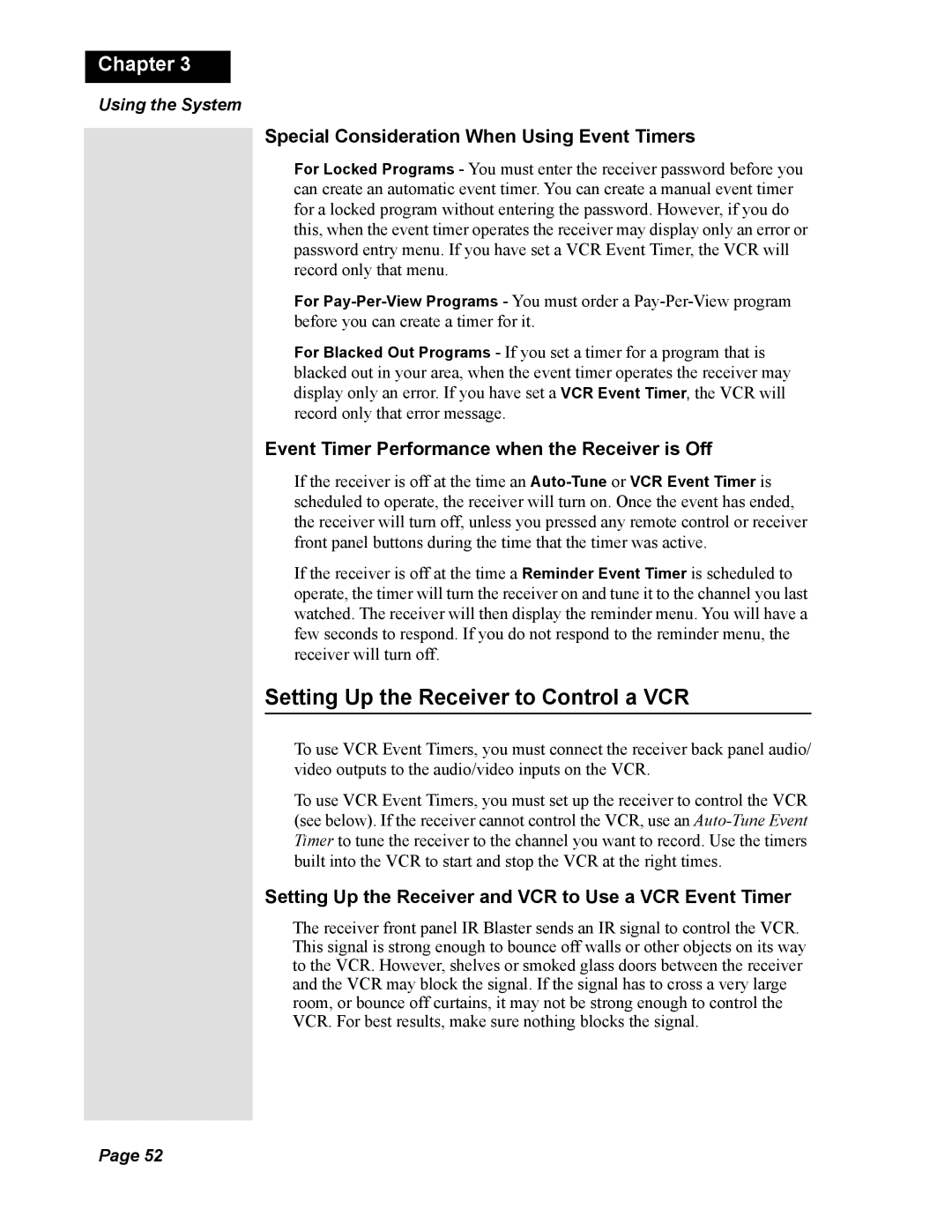 Dish Network Solo 811, 138410 Setting Up the Receiver to Control a VCR, Special Consideration When Using Event Timers 