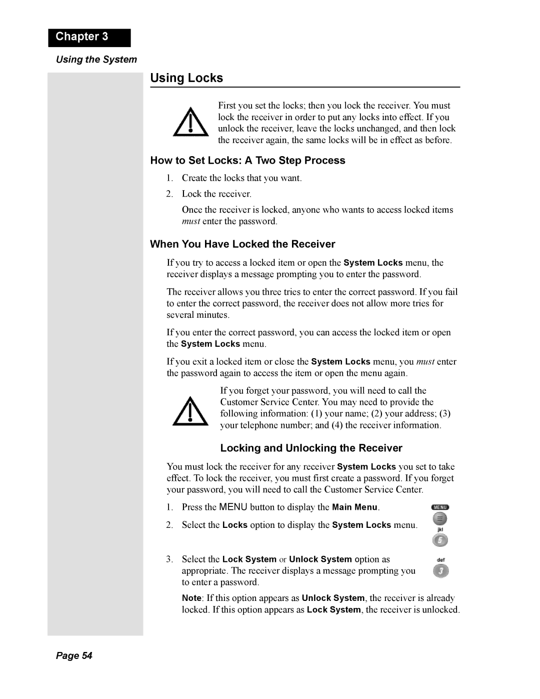 Dish Network Solo 811, 138410 Using Locks, How to Set Locks a Two Step Process, When You Have Locked the Receiver 