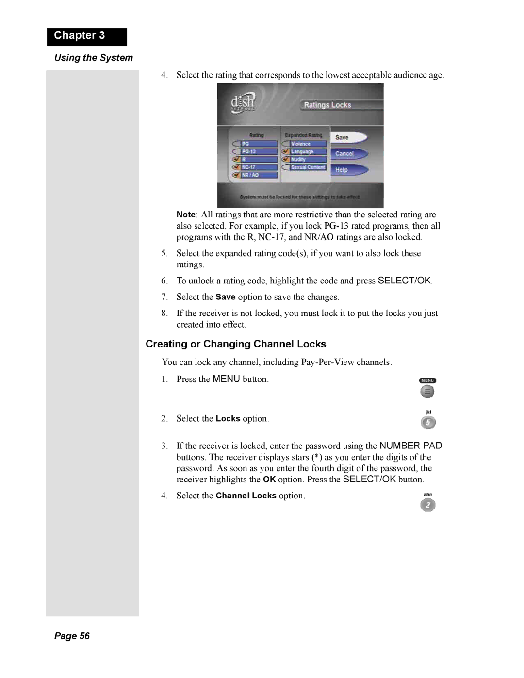 Dish Network Solo 811, 138410 quick start Creating or Changing Channel Locks 