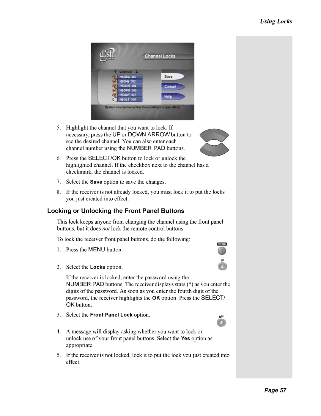 Dish Network 138410, Solo 811 quick start Locking or Unlocking the Front Panel Buttons 