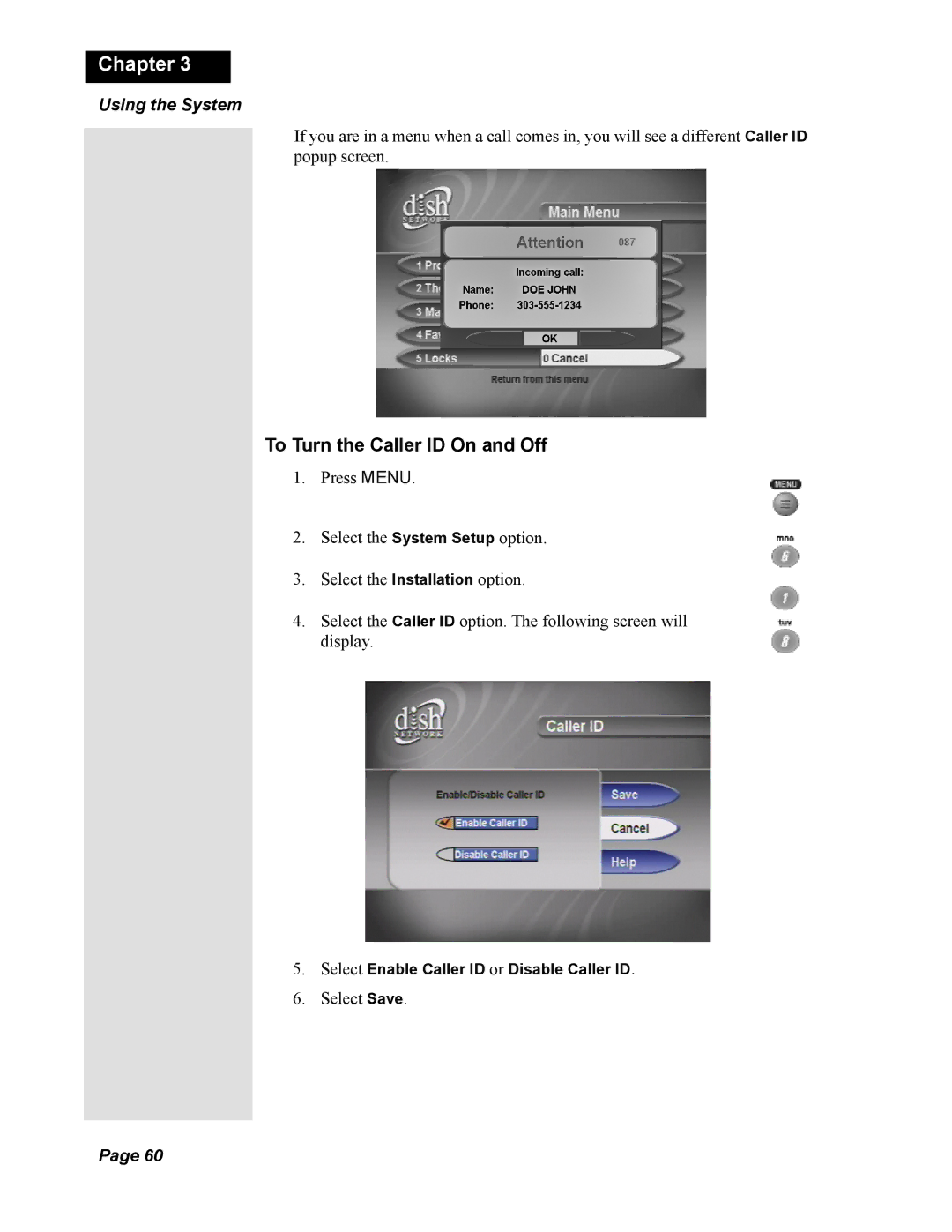 Dish Network Solo 811, 138410 quick start To Turn the Caller ID On and Off 