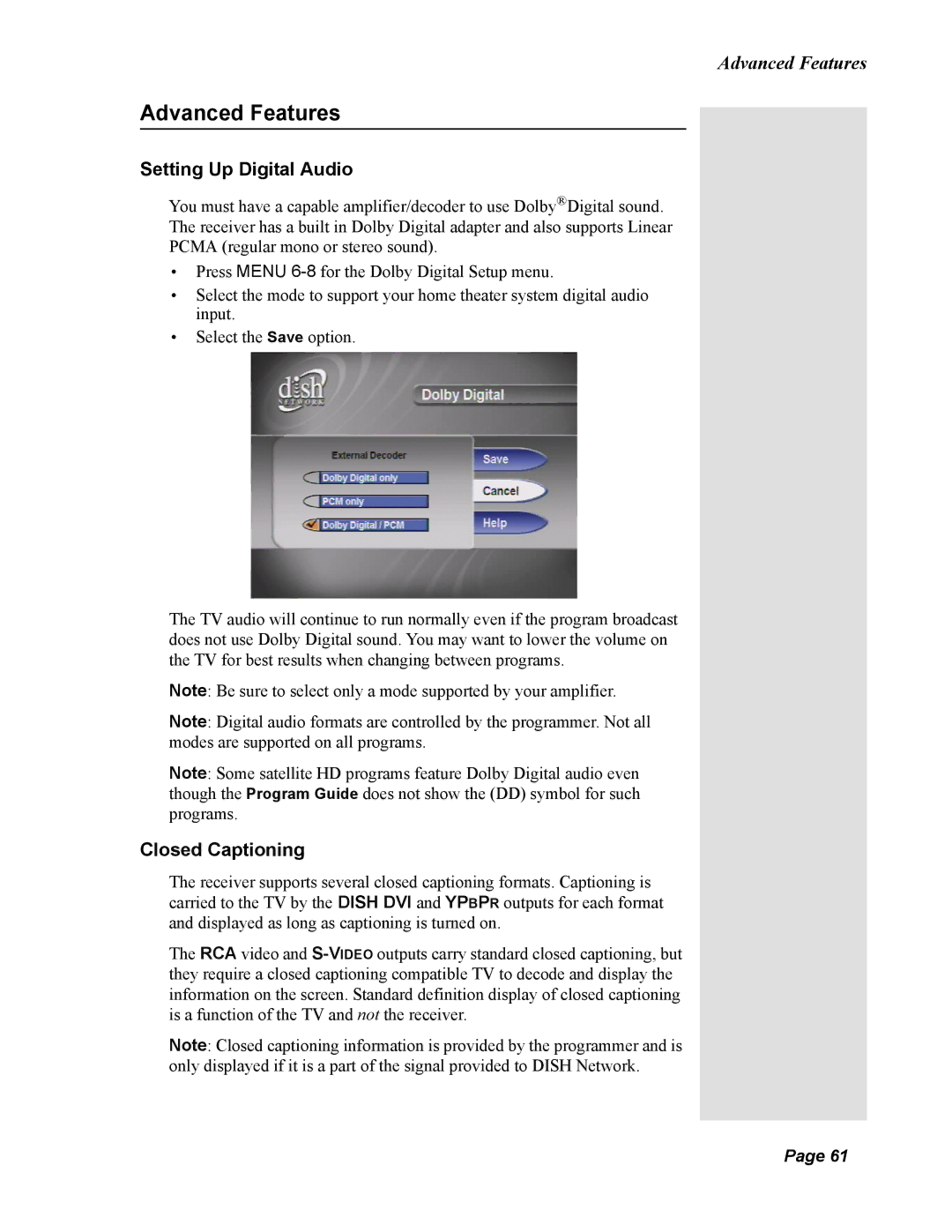 Dish Network 138410, Solo 811 quick start Advanced Features, Setting Up Digital Audio, Closed Captioning 