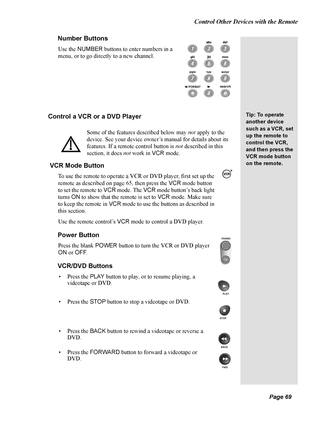 Dish Network 138410, Solo 811 quick start Number Buttons, Control a VCR or a DVD Player VCR Mode Button, VCR/DVD Buttons 