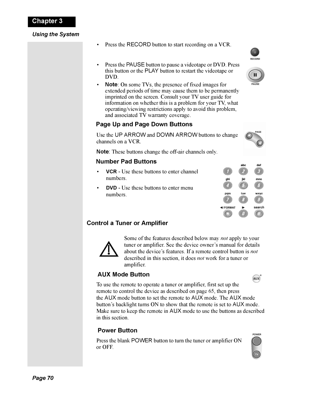 Dish Network Solo 811, 138410 quick start Up and Page Down Buttons, Control a Tuner or Amplifier AUX Mode Button 