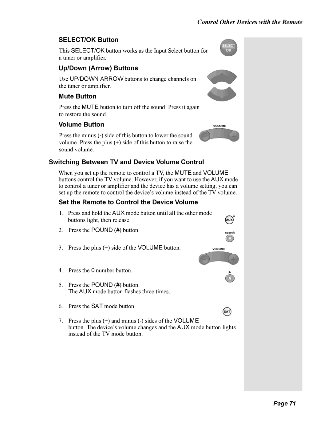 Dish Network 138410, Solo 811 Switching Between TV and Device Volume Control, Set the Remote to Control the Device Volume 