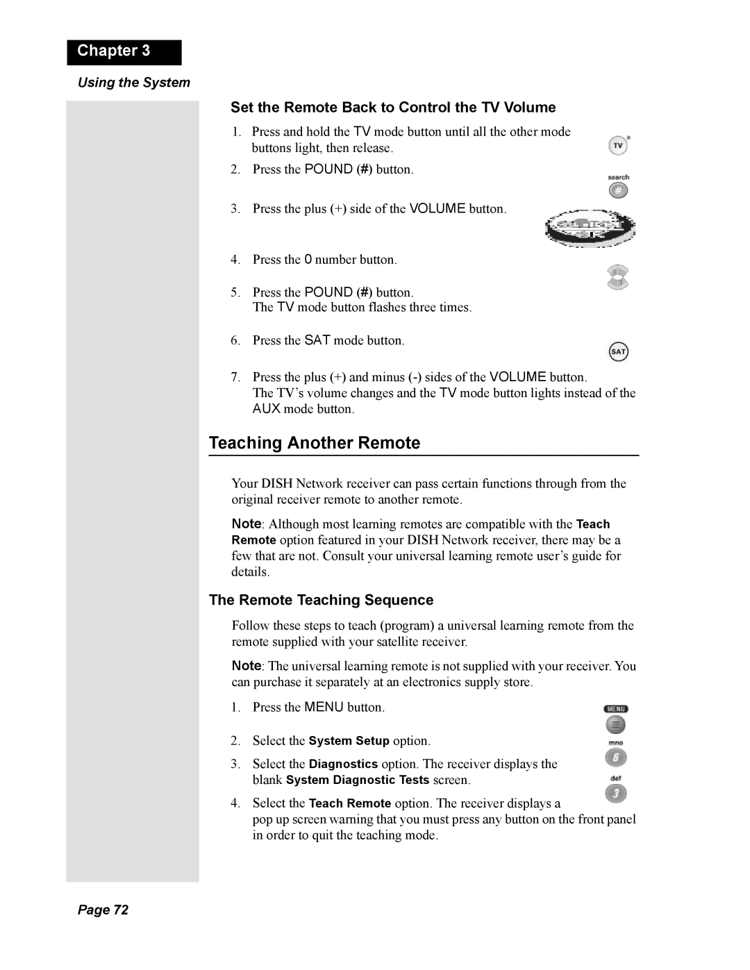 Dish Network Solo 811 Teaching Another Remote, Set the Remote Back to Control the TV Volume, Remote Teaching Sequence 