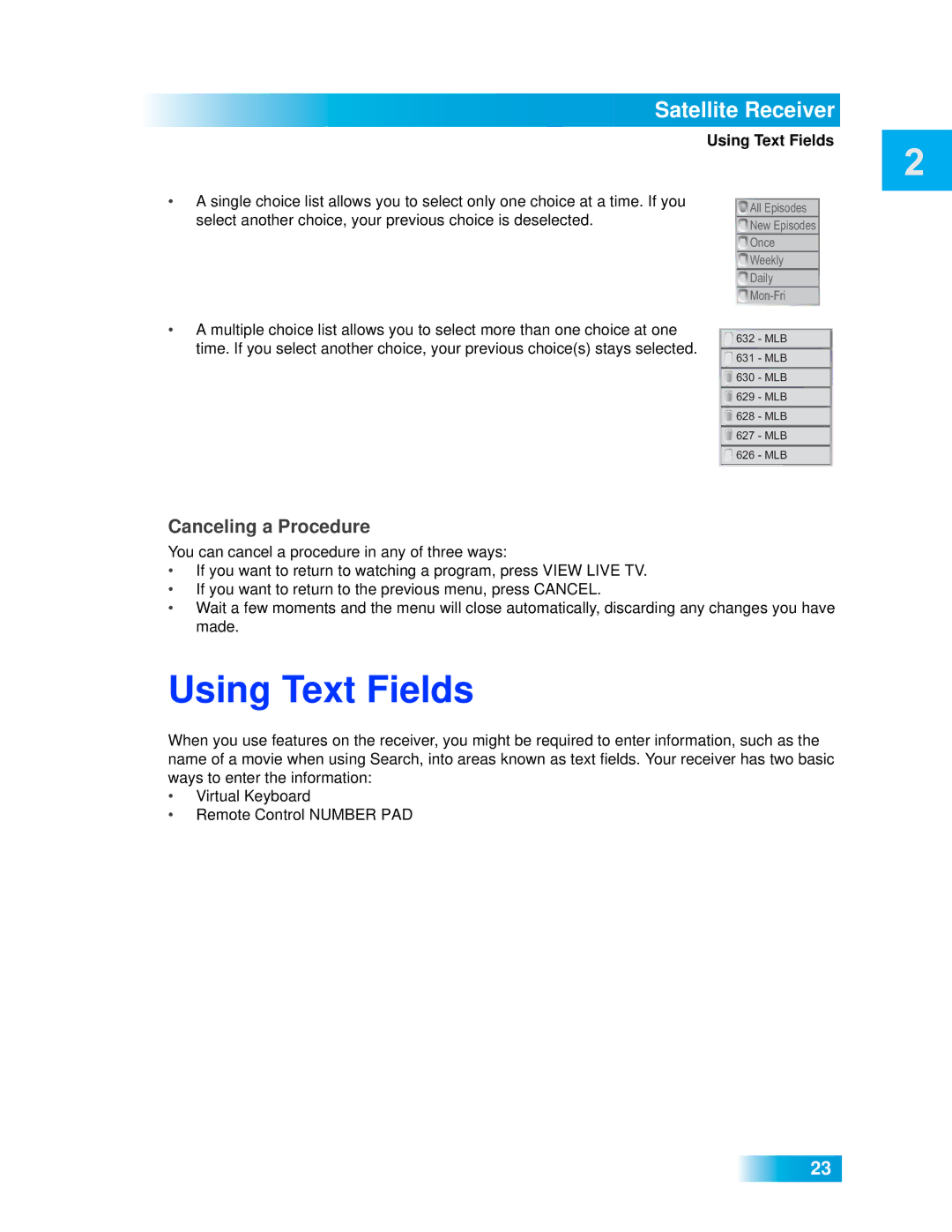 Dish Network VIP 722 manual Using Text Fields, Canceling a Procedure 