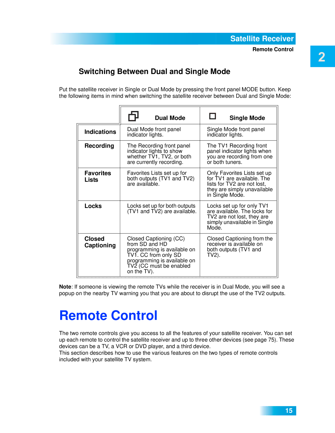 Dish Network VIP 722 manual Remote Control, Switching Between Dual and Single Mode 