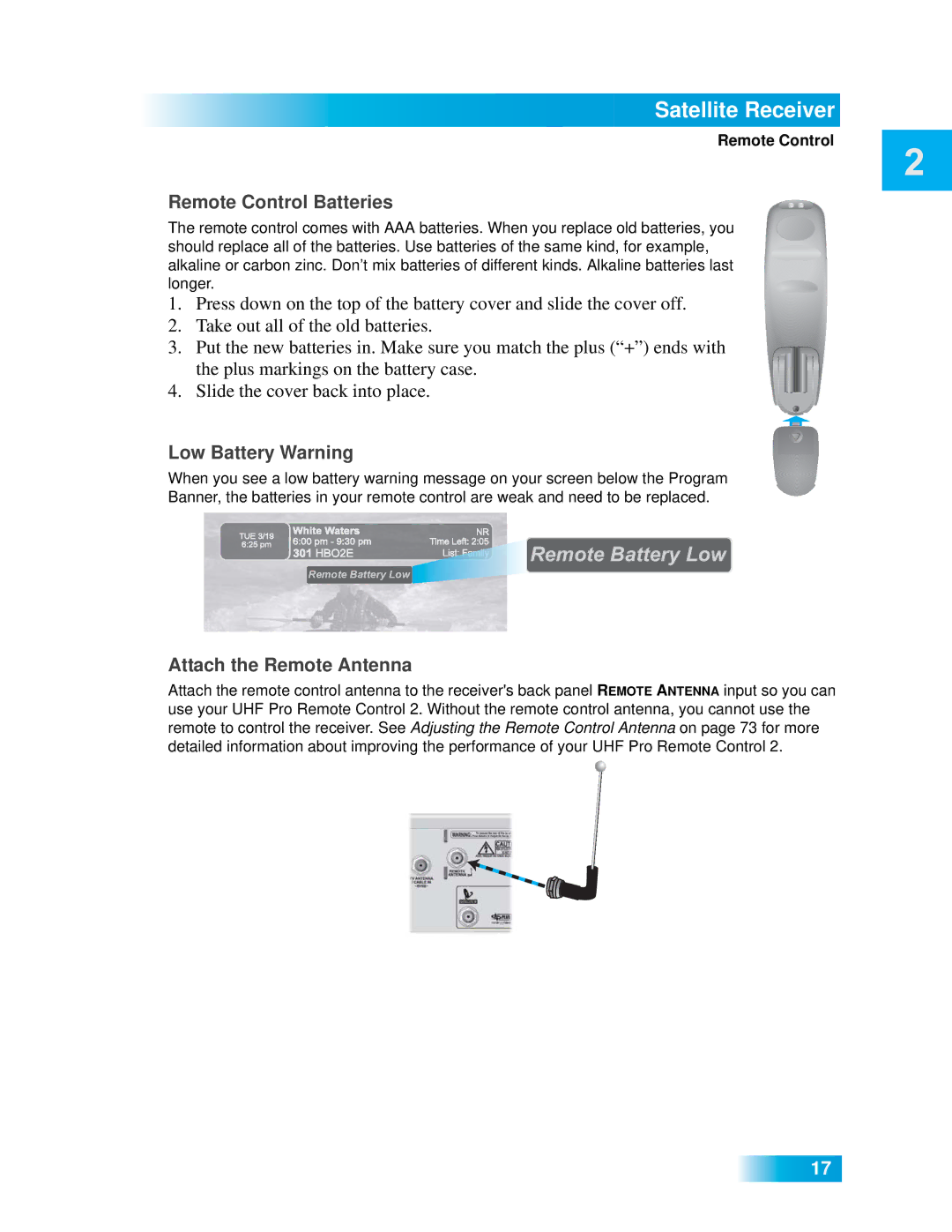 Dish Network VIP 722 manual Remote Control Batteries, Low Battery Warning, Attach the Remote Antenna 