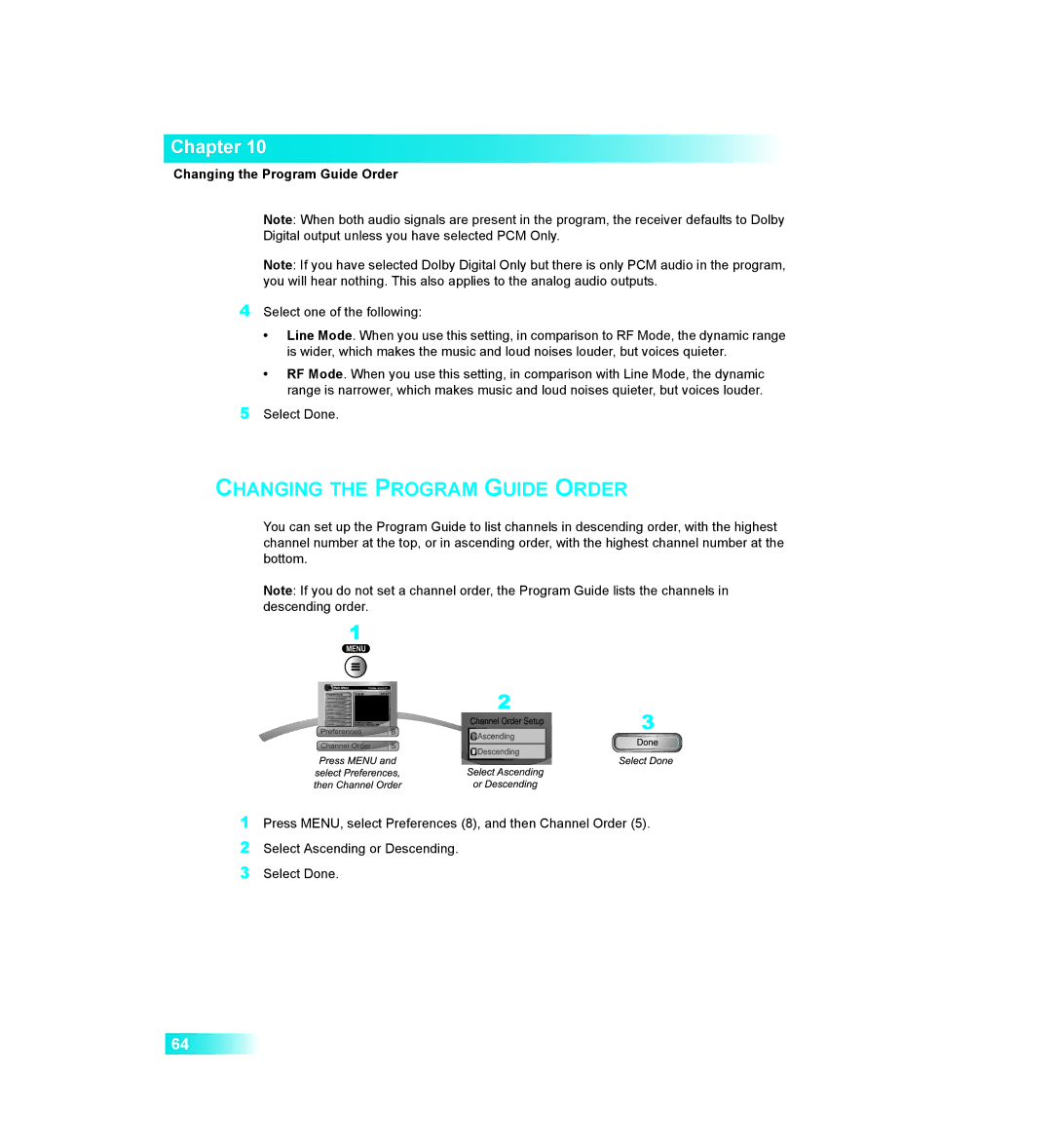 Dish Network VIP211, DISH411 manual Hanging Program Guide Rder, Changing the Program Guide Order 