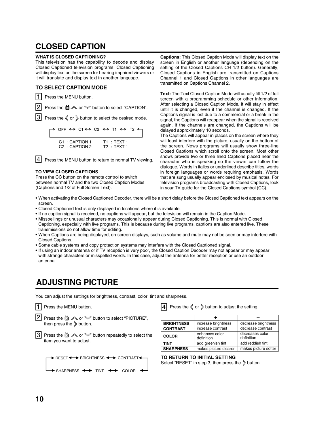 Disney 13 Color TV manual Closed Caption, Adjusting Picture, To Select Caption Mode, To Return to Initial Setting 