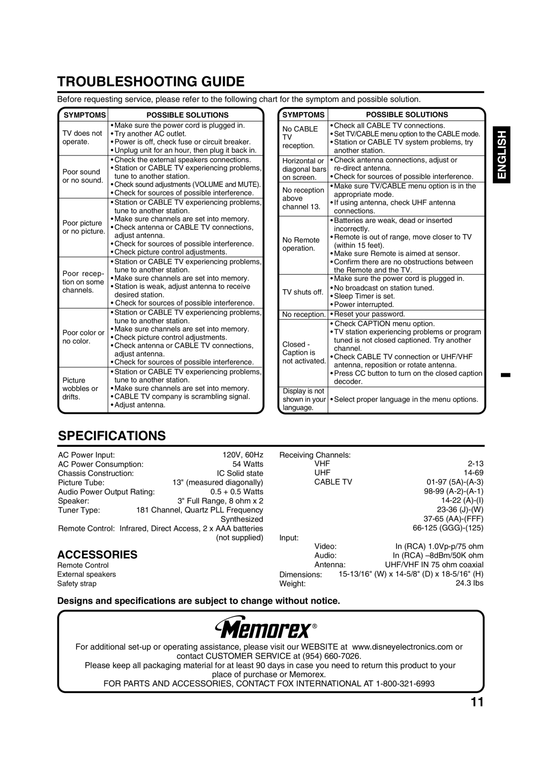 Disney 13 Color TV manual Troubleshooting Guide, Specifications, Symptoms Possible Solutions 