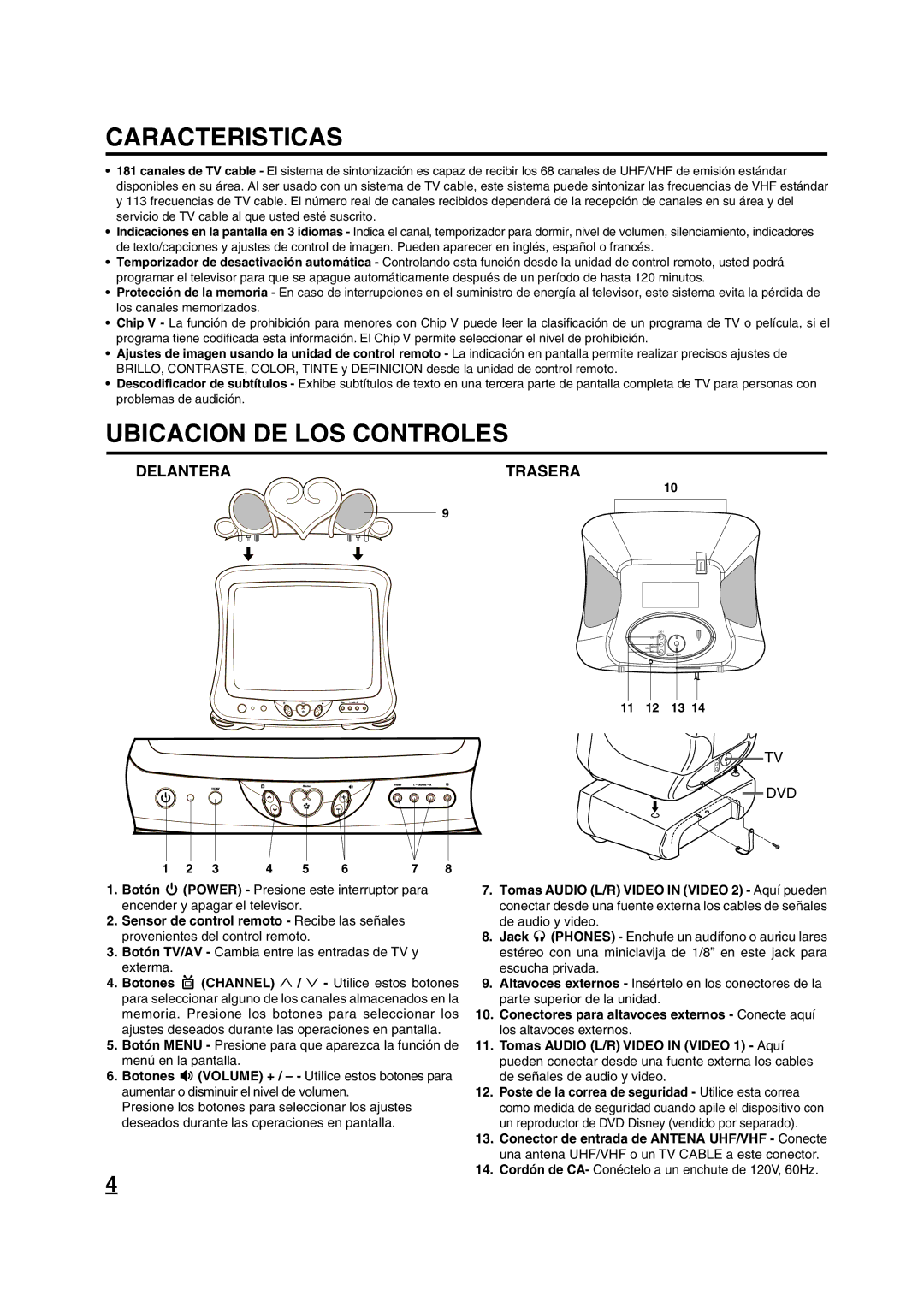 Disney 13 Color TV manual Caracteristicas, Ubicacion DE LOS Controles, Delantera Trasera 