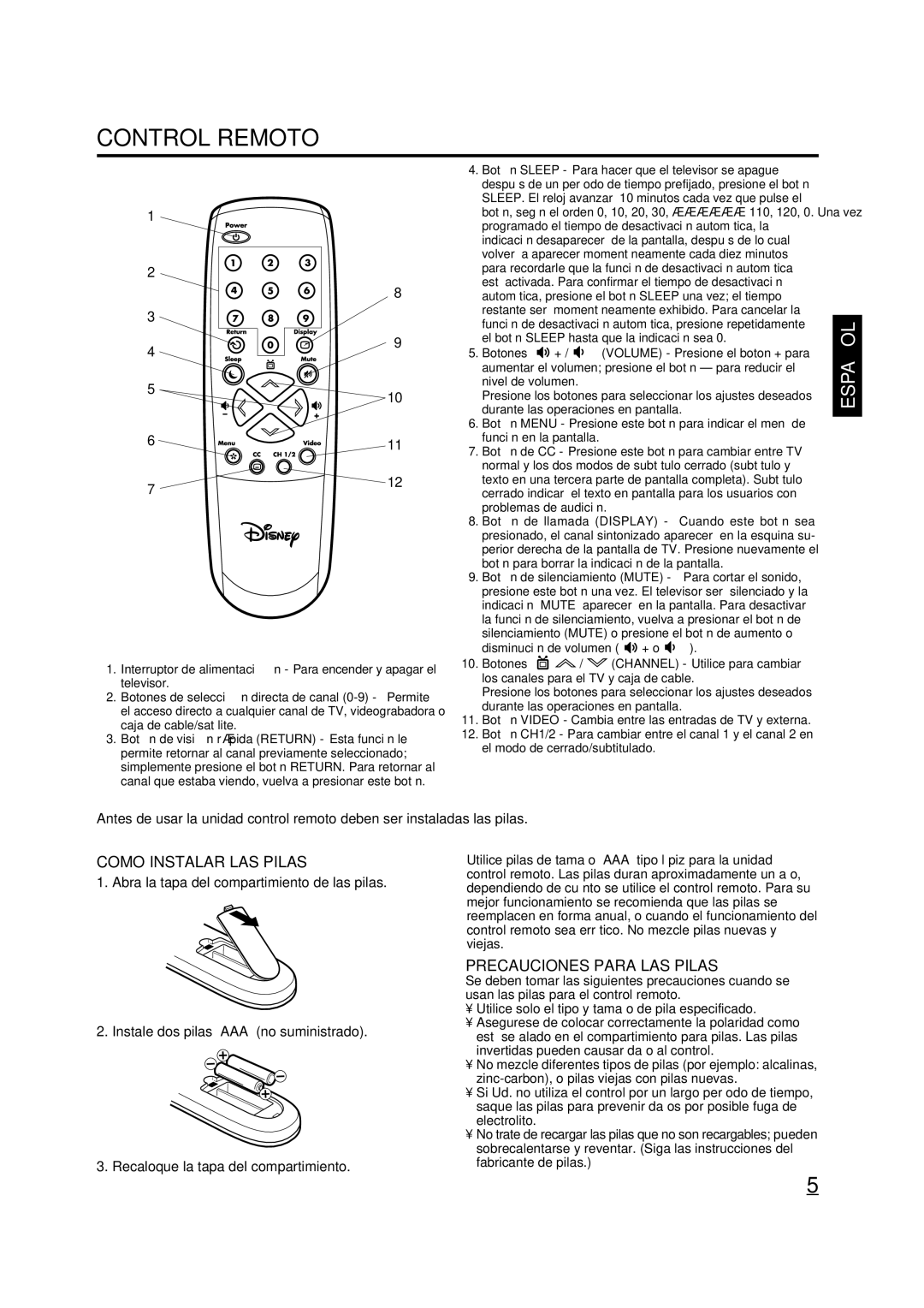 Disney 13 Color TV manual Control Remoto, Como Instalar LAS Pilas, Precauciones Para LAS Pilas 