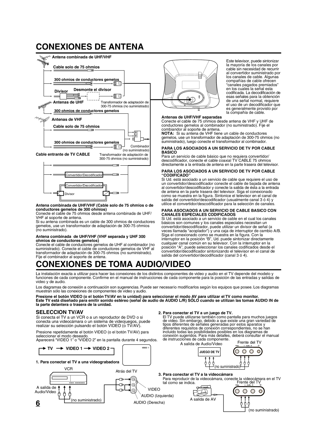 Disney 13 Color TV manual Conexiones DE Antena, Conexiones DE Toma AUDIO/VIDEO, Seleccion TV/AV 