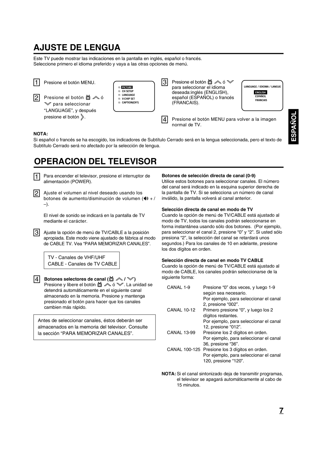 Disney 13 Color TV manual Ajuste DE Lengua, Operacion DEL Televisor, Ñol, Nota 