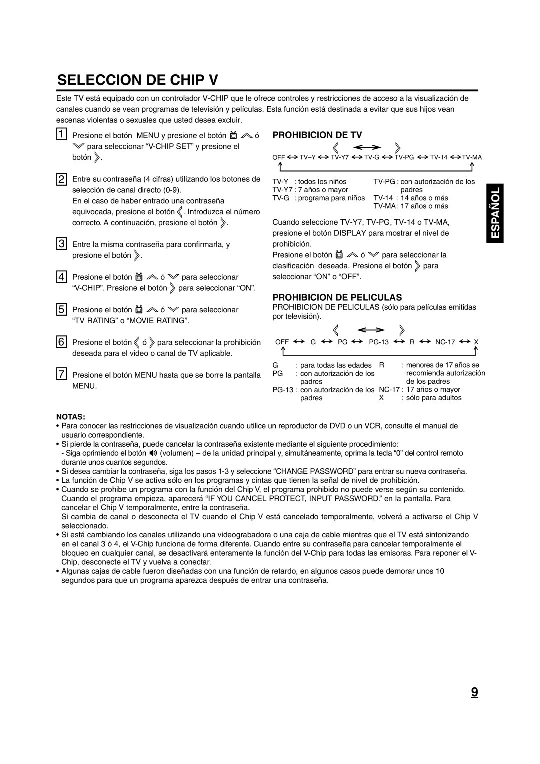 Disney 13 Color TV manual Seleccion DE Chip, Prohibicion DE TV, Prohibicion DE Peliculas, Menu, Notas 