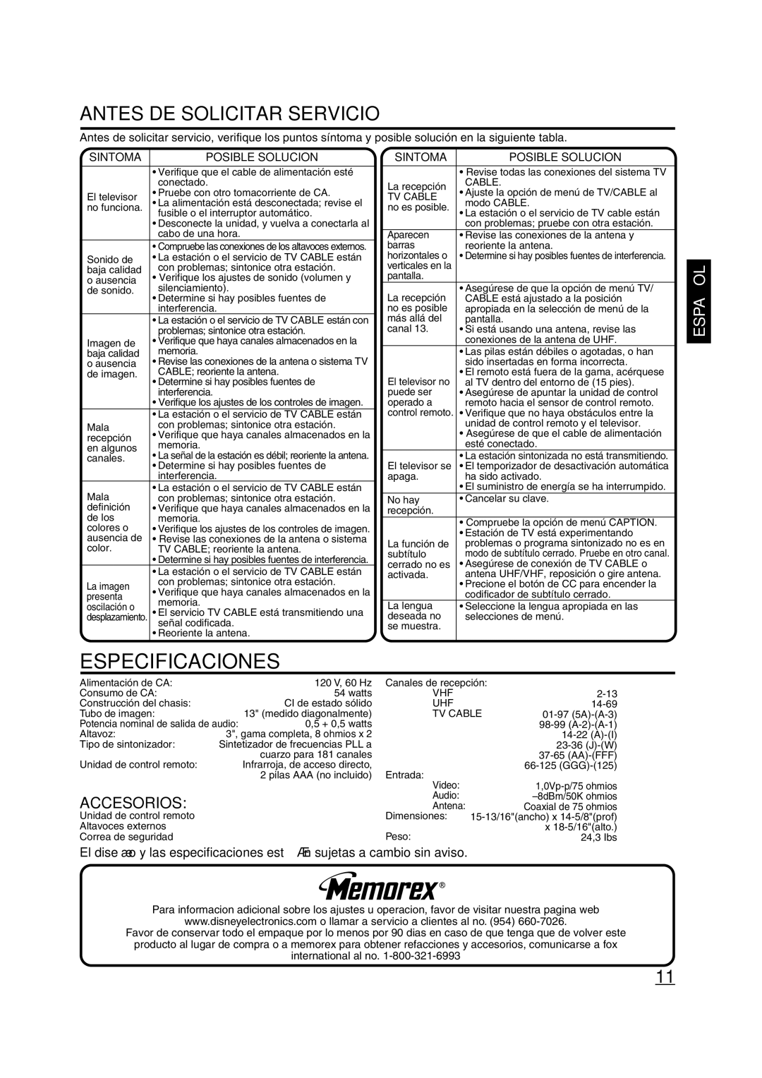 Disney 13 Color TV manual Especificaciones, Antes DE Solicitar Servicio, Sintoma Posible Solucion, TV Cable, Vhf Uhf 