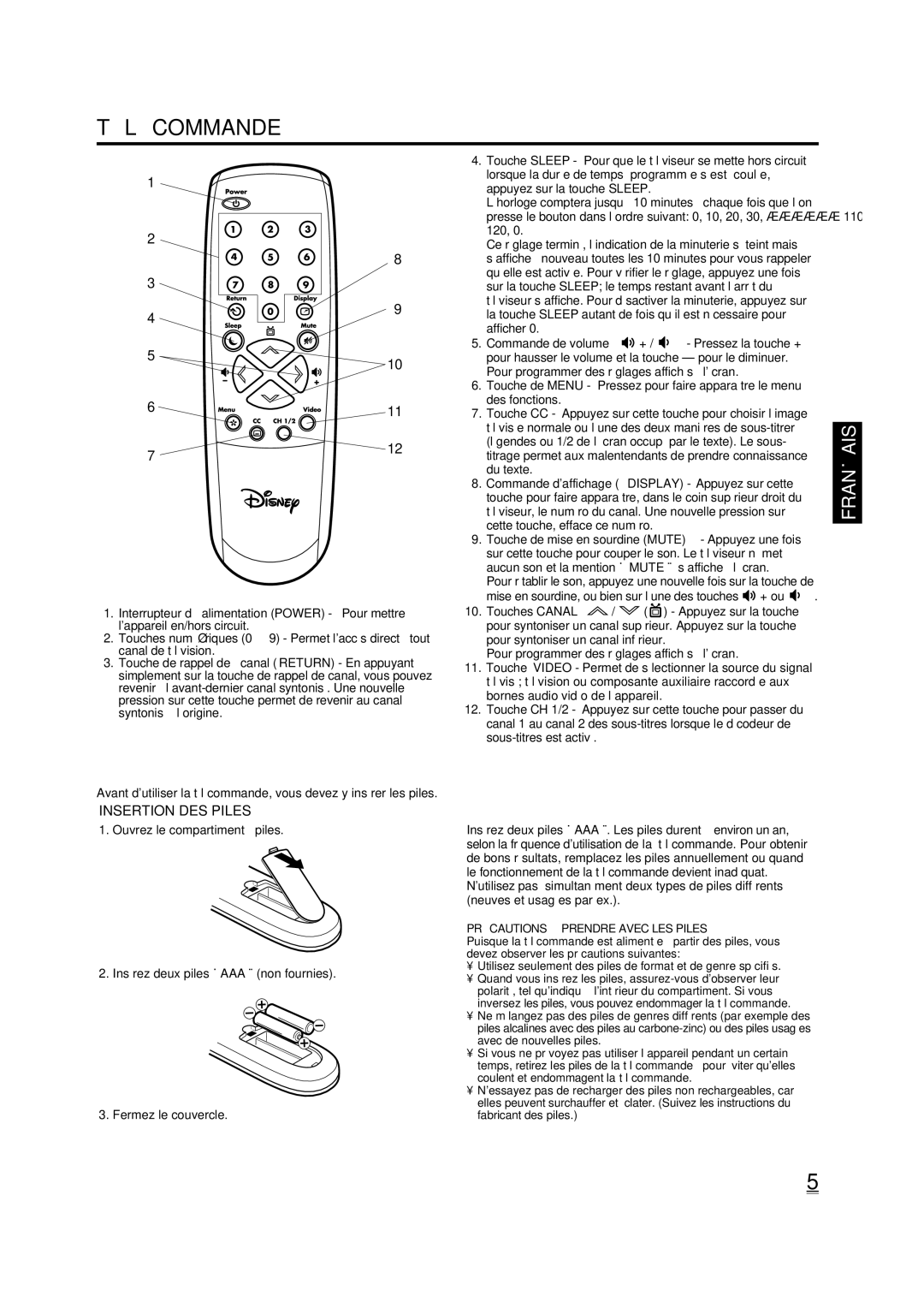 Disney 13 Color TV manual Télécommande, Insertion DES Piles 