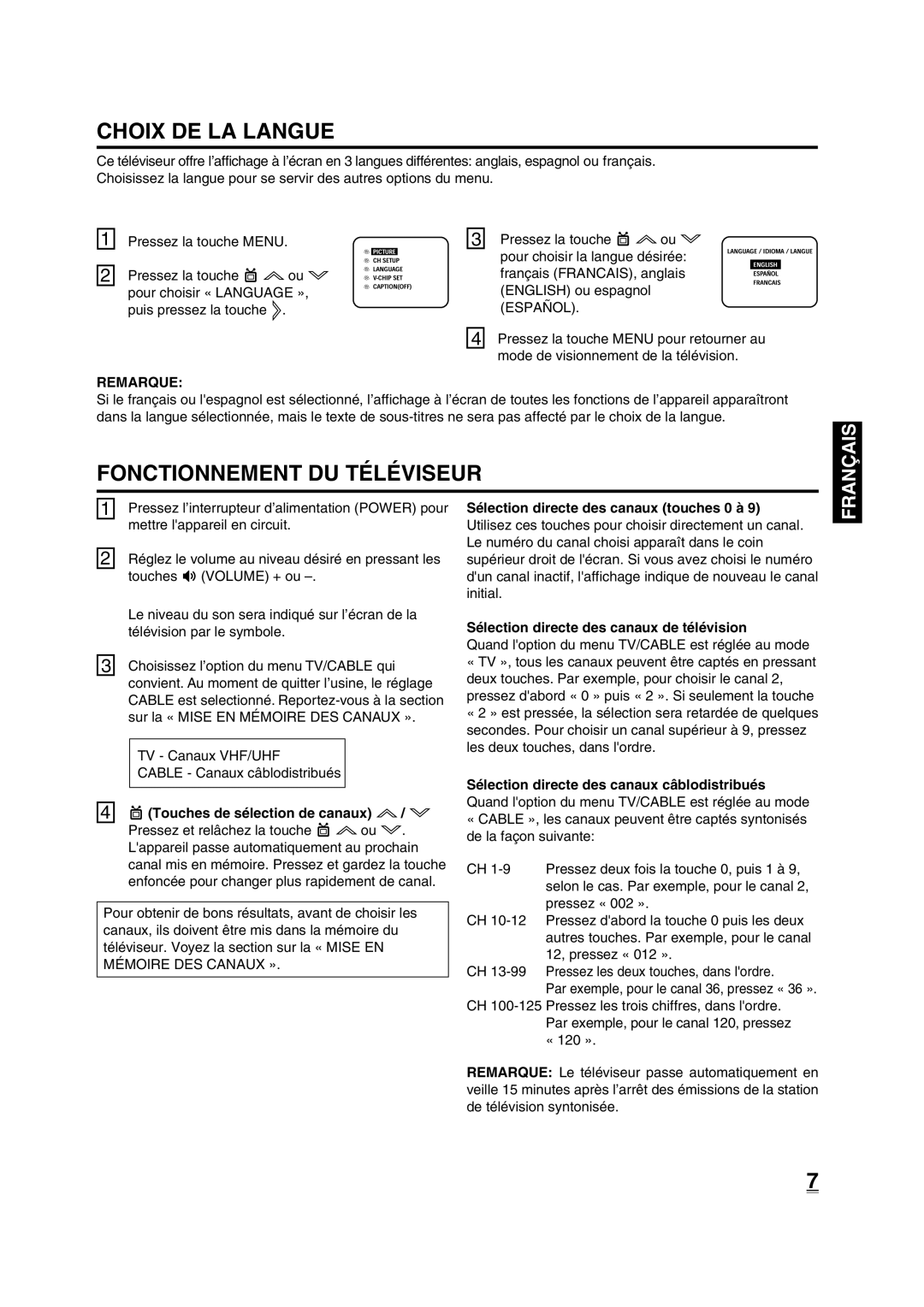 Disney 13 Color TV manual Choix DE LA Langue, Fonctionnement DU Téléviseur, Remarque 