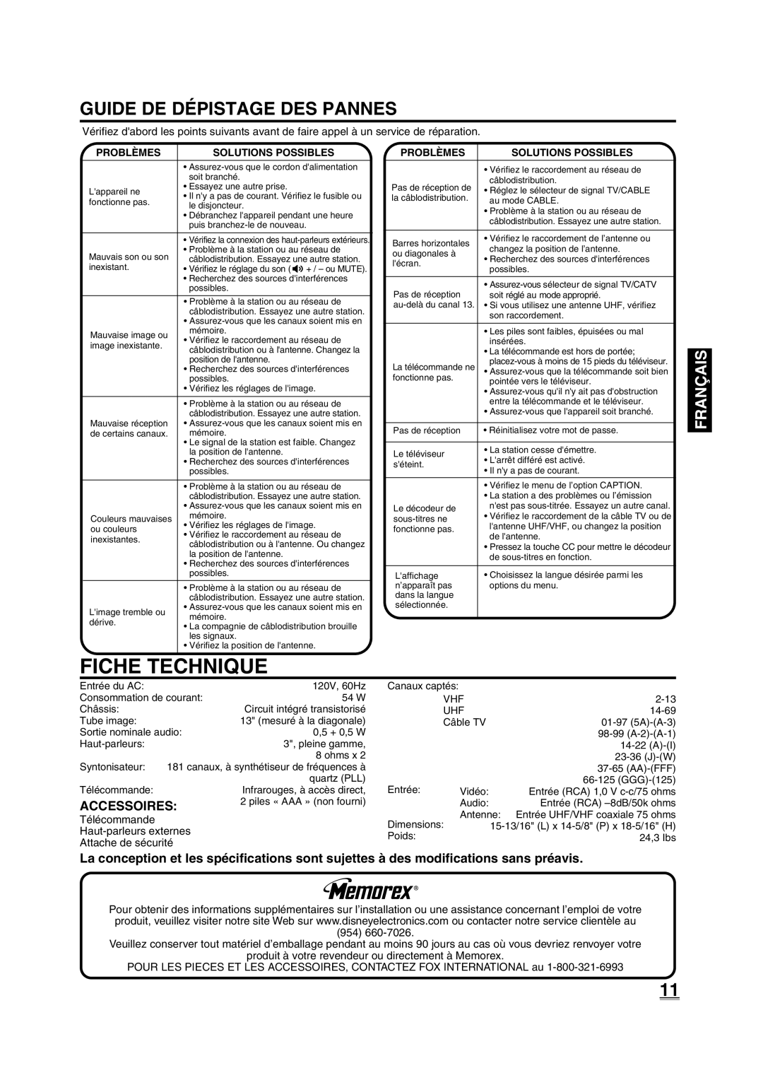 Disney 13 Color TV manual Fiche Technique, Guide DE Dépistage DES Pannes, Accessoires, Problèmes Solutions Possibles 