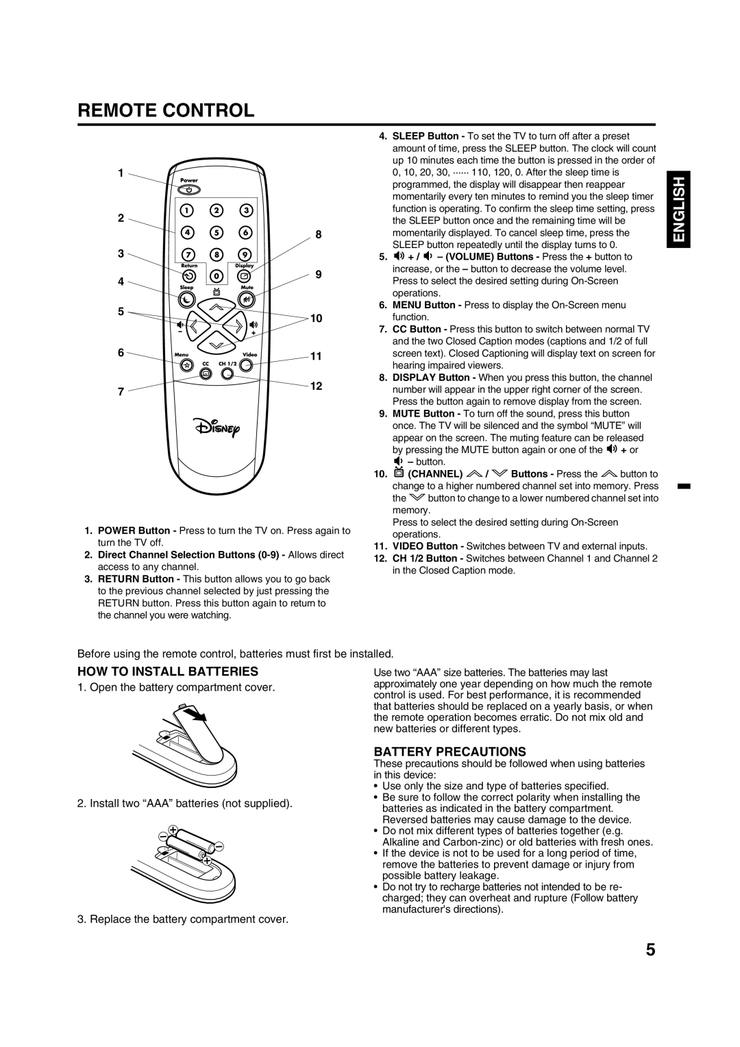 Disney 13 Color TV manual Remote Control, HOW to Install Batteries, Battery Precautions 