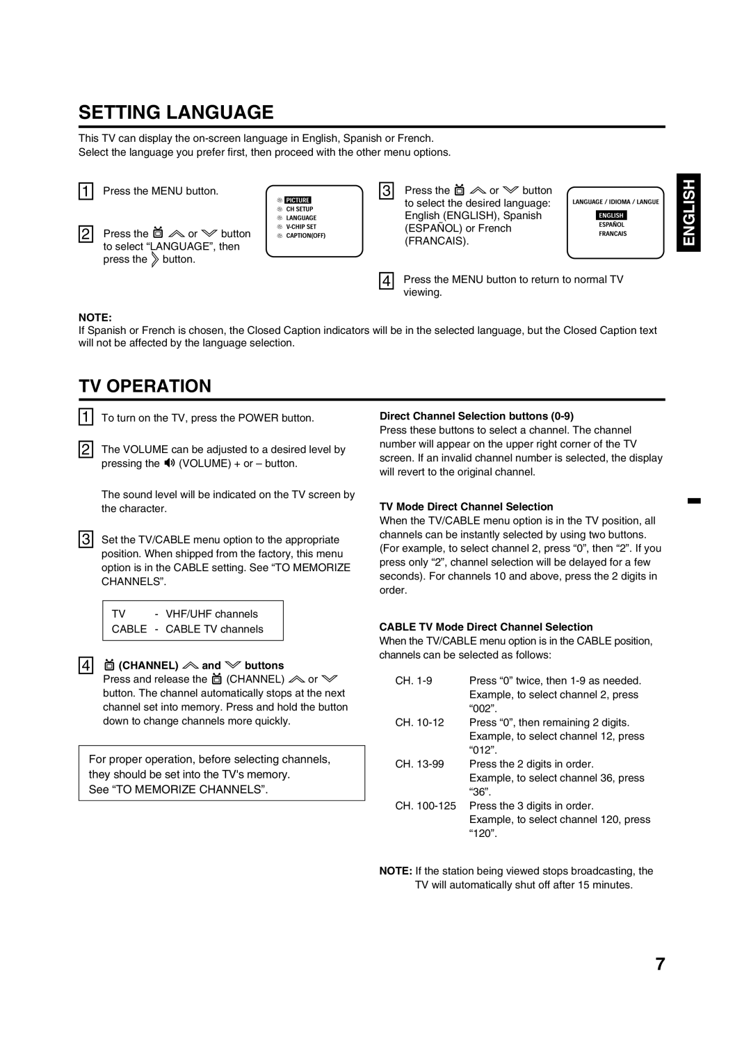 Disney 13 Color TV manual Setting Language, TV Operation, Francais, Cable, Channel 