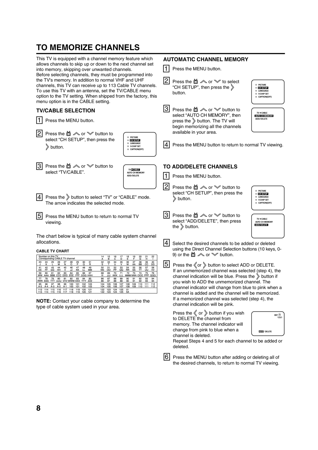 Disney 13 Color TV manual To Memorize Channels, Automatic Channel Memory, TV/CABLE Selection, To ADD/DELETE Channels 