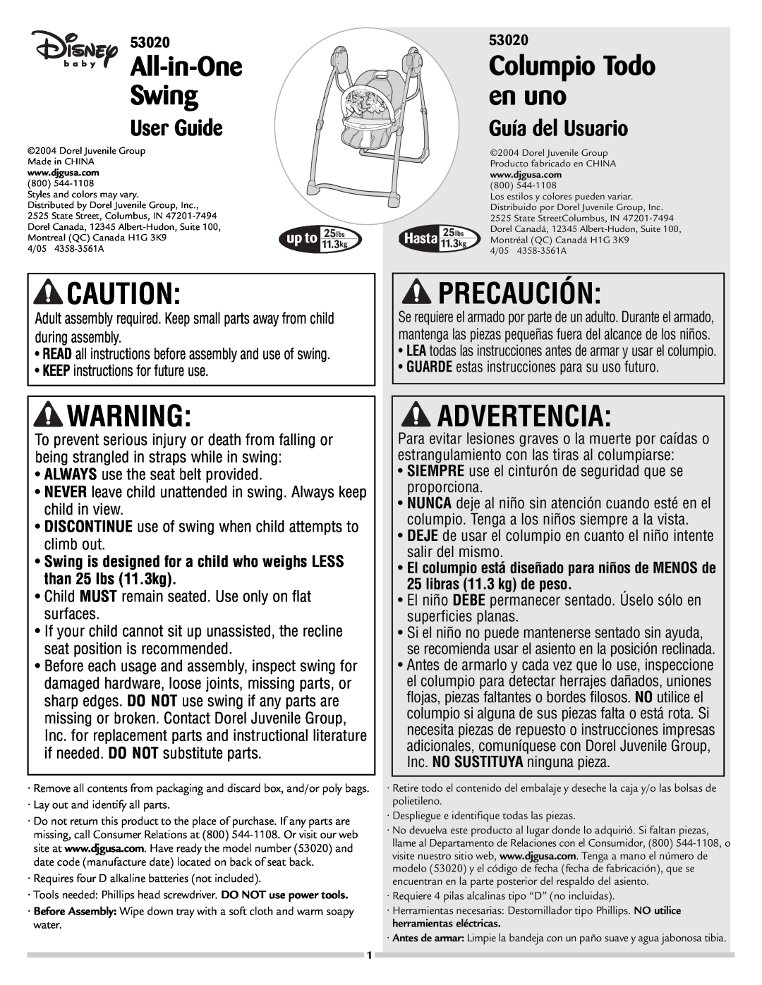 Disney 53020 manual Precaución, Advertencia, All-in-One, Swing, en uno, Columpio Todo, User Guide, Guía del Usuario 