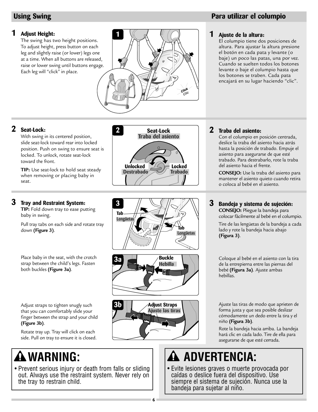 Disney 53020 manual Using Swing, Para utilizar el columpio, Advertencia 