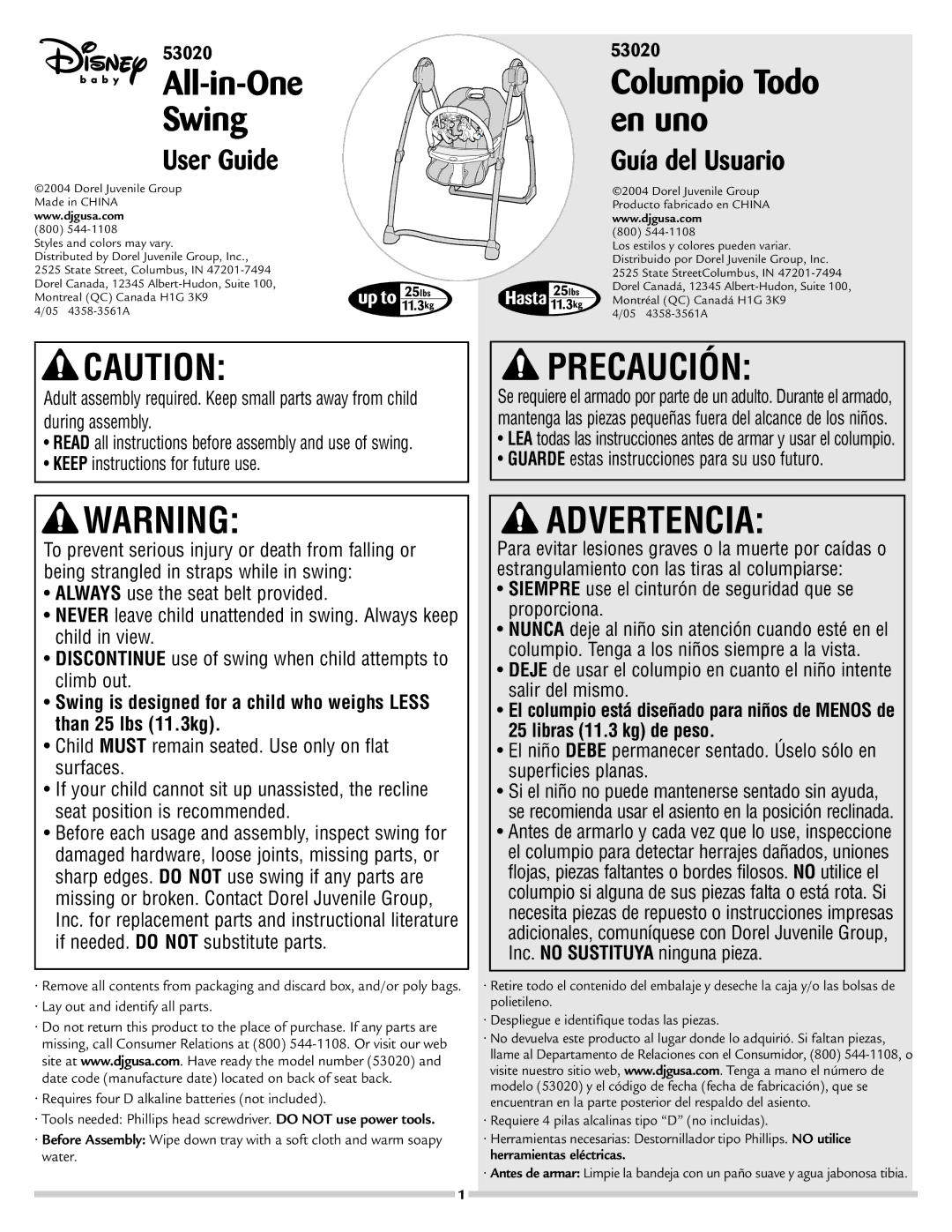 Disney 53020 manual Precaución, Advertencia 