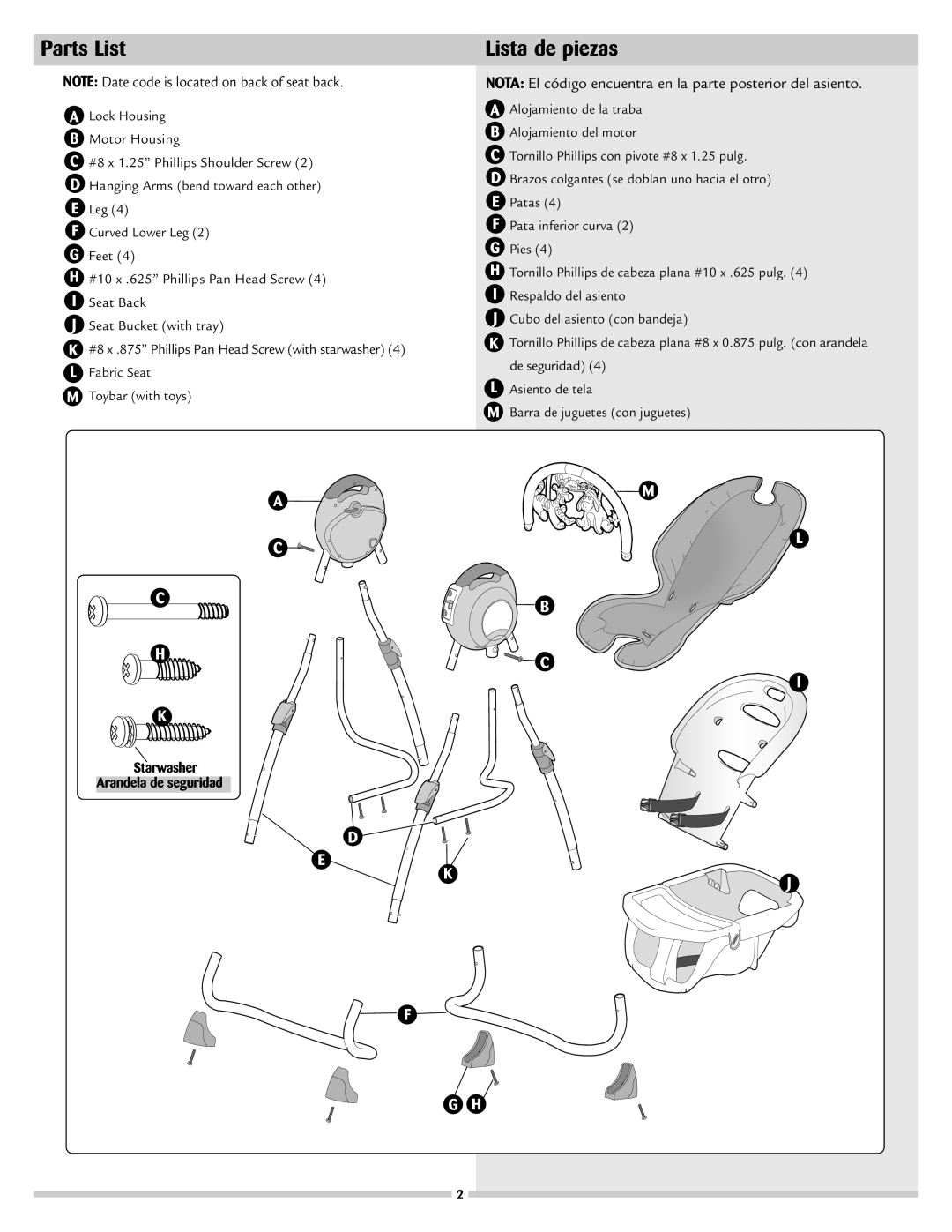 Disney 53020 manual Parts List, Lista de piezas, Nota El código encuentra en la parte posterior del asiento 