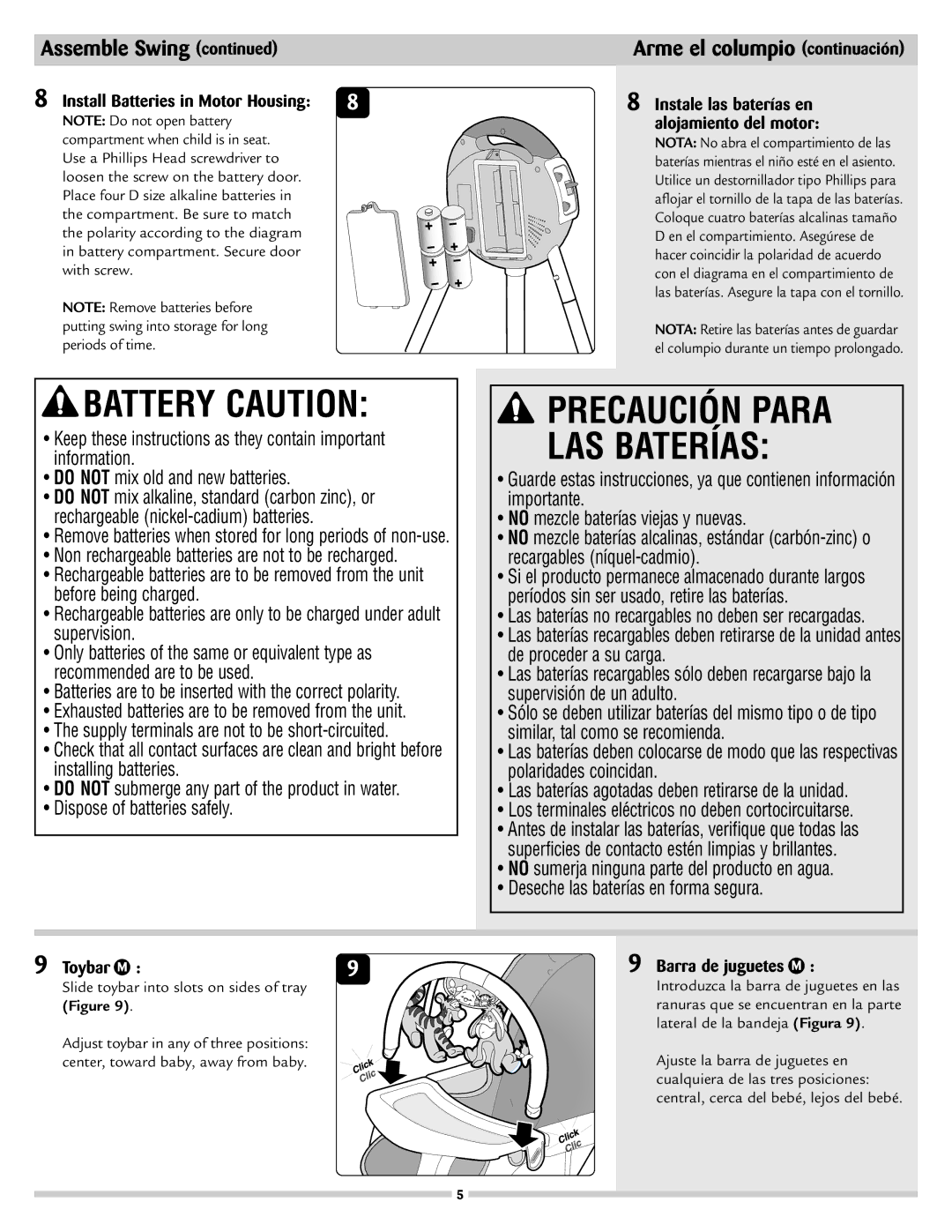 Disney 53020 manual Battery Caution, Precaución Para LAS Baterías, Arme el columpio continuación 