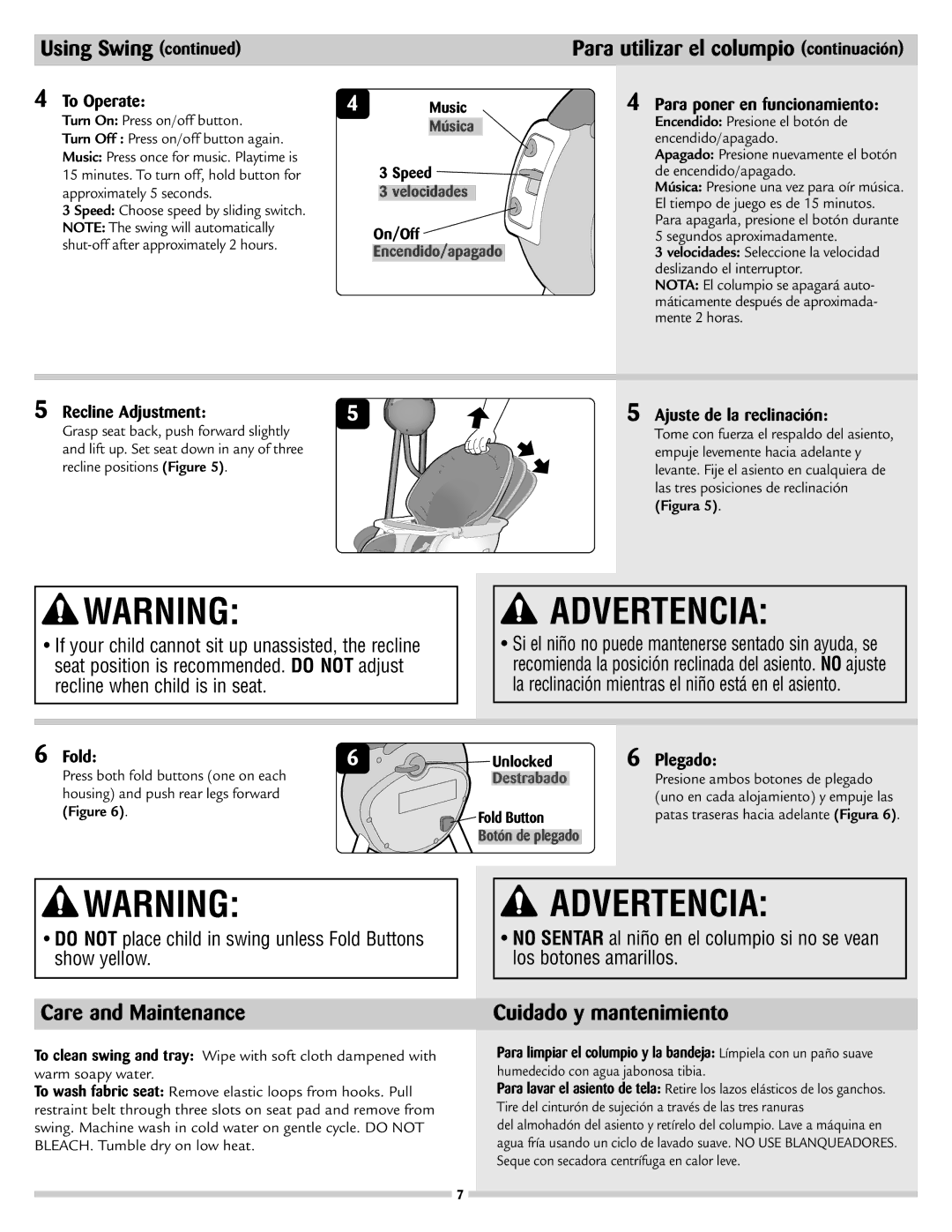 Disney 53020 manual Para utilizar el columpio continuación, Care and Maintenance, Cuidado y mantenimiento 