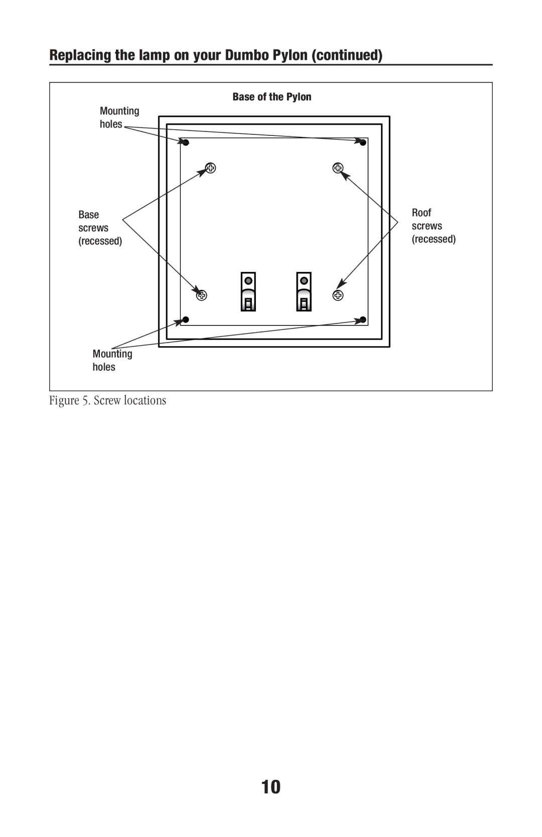 Disney 72-4131-250 owner manual Replacing the lamp on your Dumbo Pylon, Screw locations 