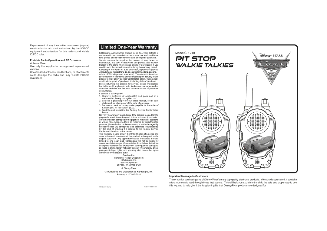 Disney CR-210 warranty Limited One-Year Warranty, Portable Radio Operation and RF Exposure, Important Message to Customers 