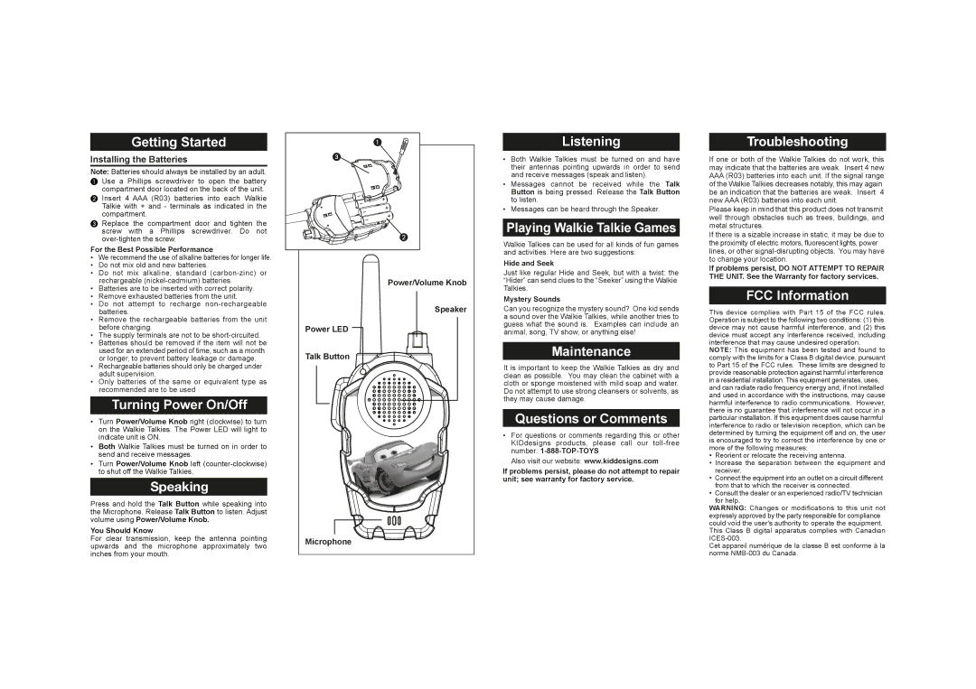 Disney CR-210 warranty Getting Started, Turning Power On/Off, Speaking, Listening, Playing Walkie Talkie Games, Maintenance 