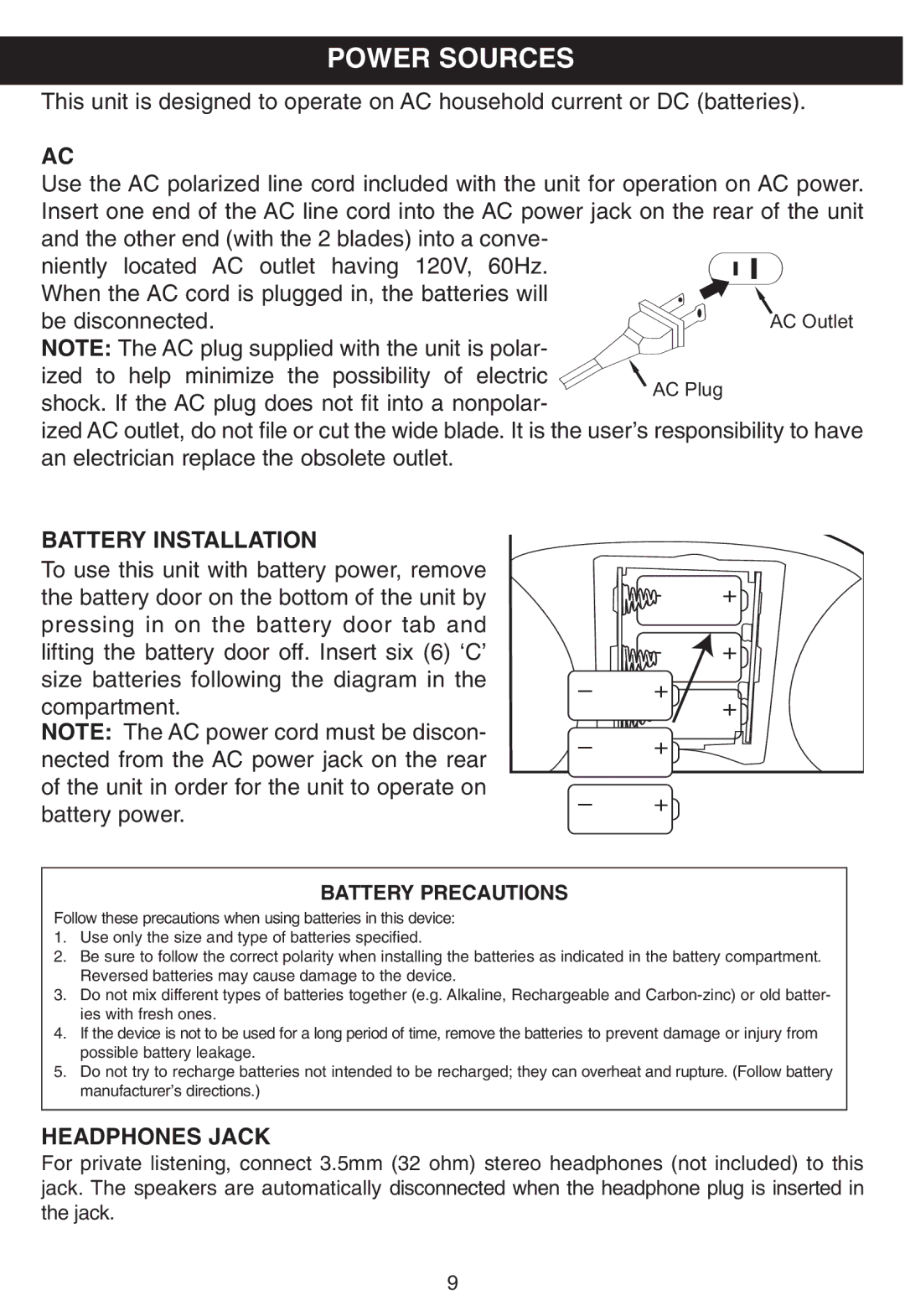 Disney DB3050-C manual Power Sources, Battery Installation, Headphones Jack 