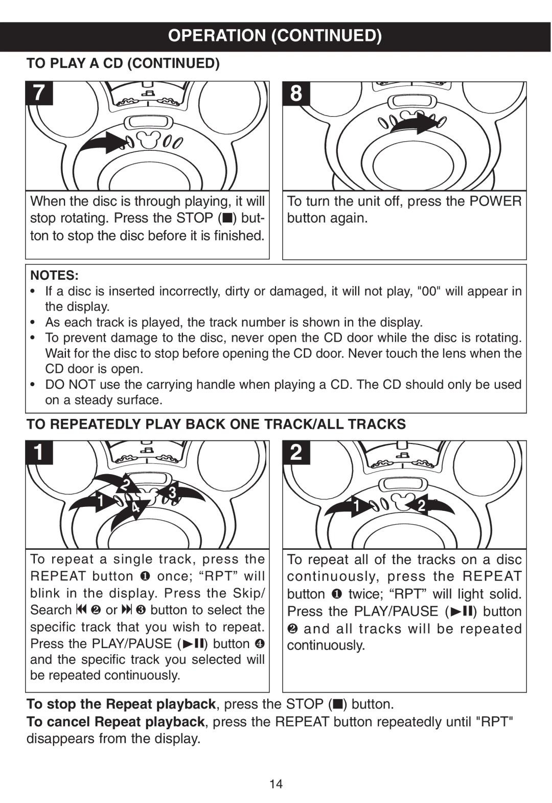 Disney DB3050-C manual To stop the Repeat playback, press the Stop button 