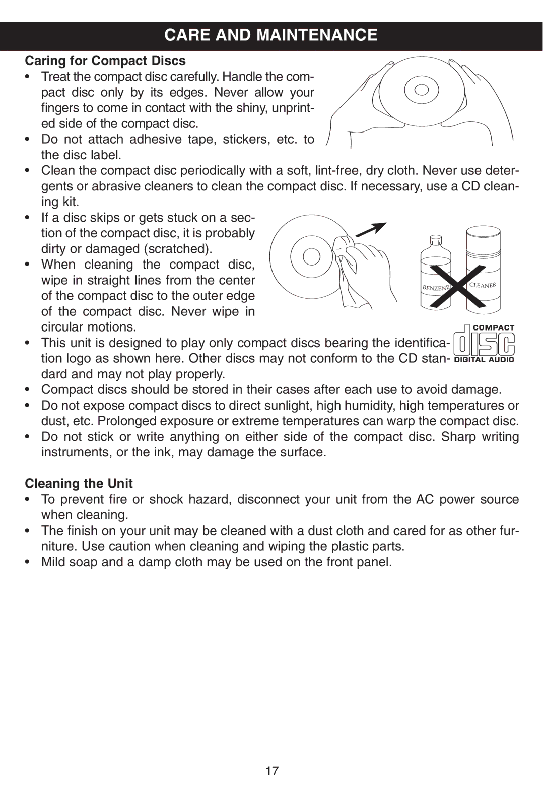 Disney DB3050-C manual Care and Maintenance, Caring for Compact Discs 