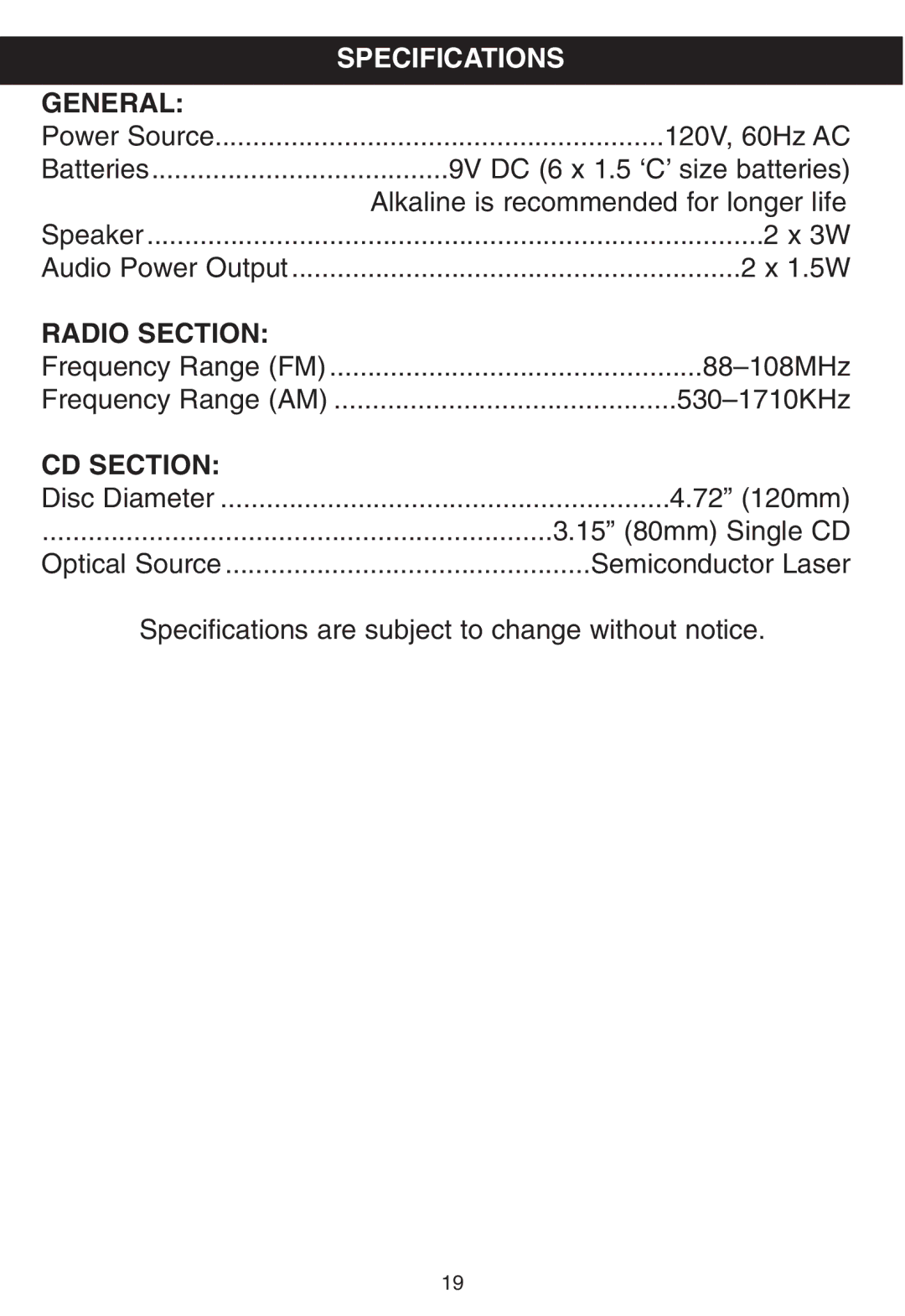 Disney DB3050-C manual Specifications, General, Radio Section, CD Section 