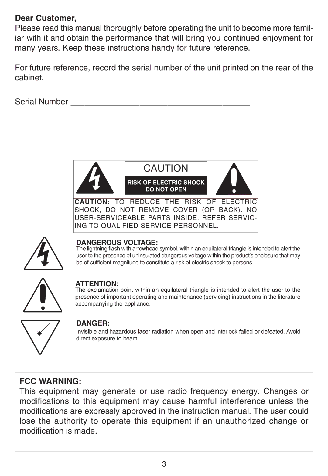 Disney DB3050-C manual Dear Customer, FCC Warning 