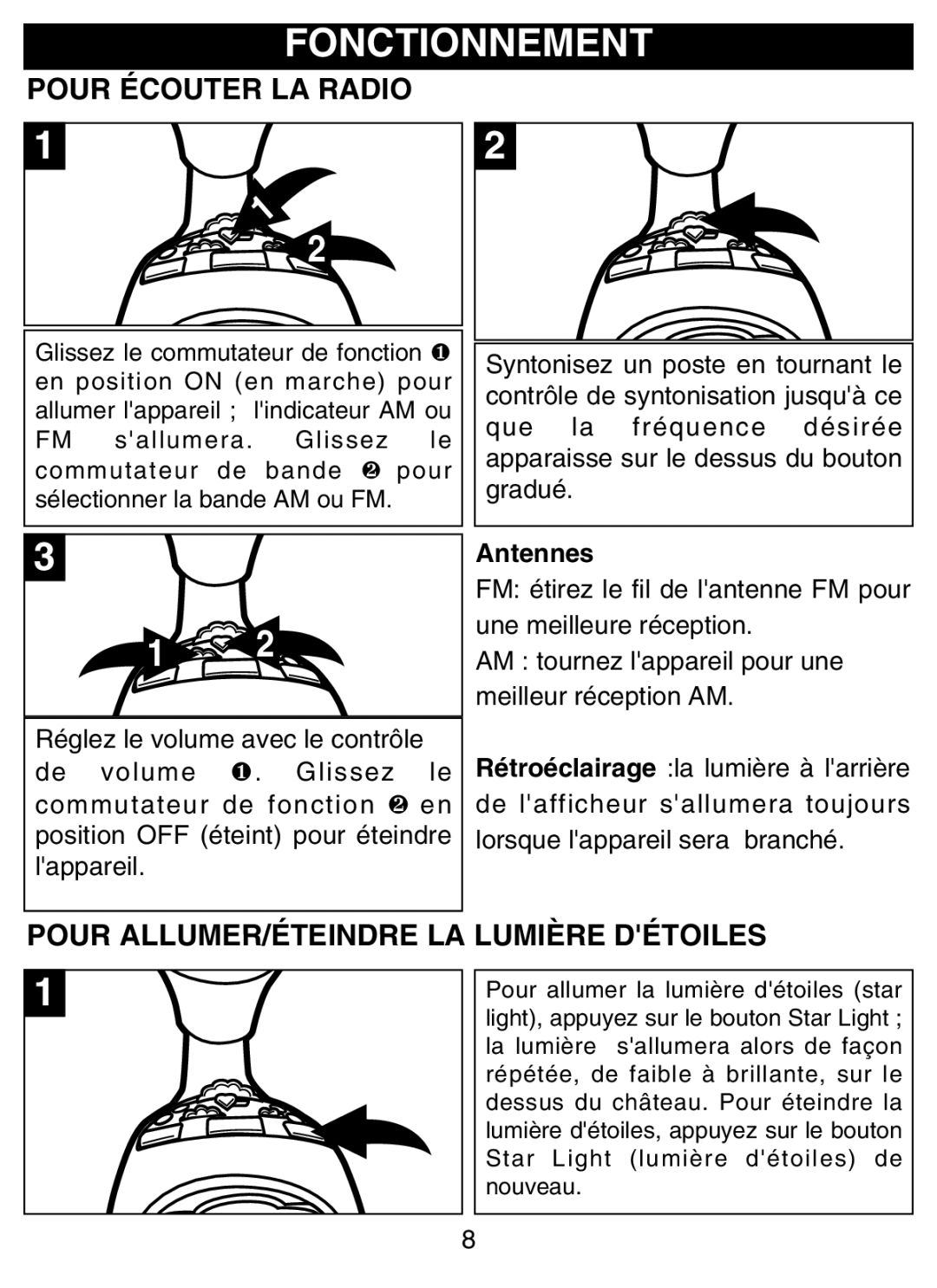 Disney DCR4500-P manual Fonctionnement, Pour Écouter LA Radio, Pour ALLUMER/ÉTEINDRE LA Lumière Détoiles 