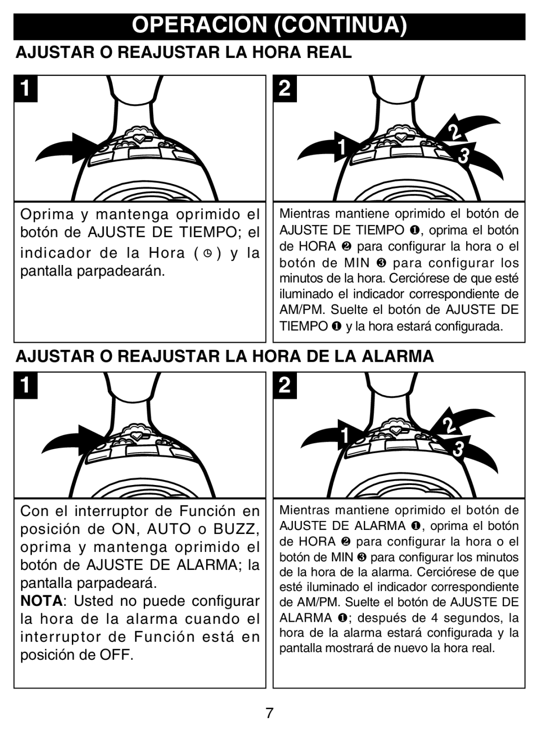 Disney DCR4500-P manual Operación Continúa, Ajustar O Reajustar LA Hora Real, Ajustar O Reajustar LA Hora DE LA Alarma 