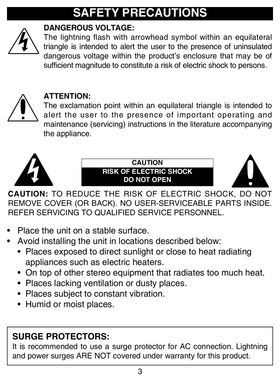 Disney DCR4500-P manual Safety Precautions, Surge Protectors 